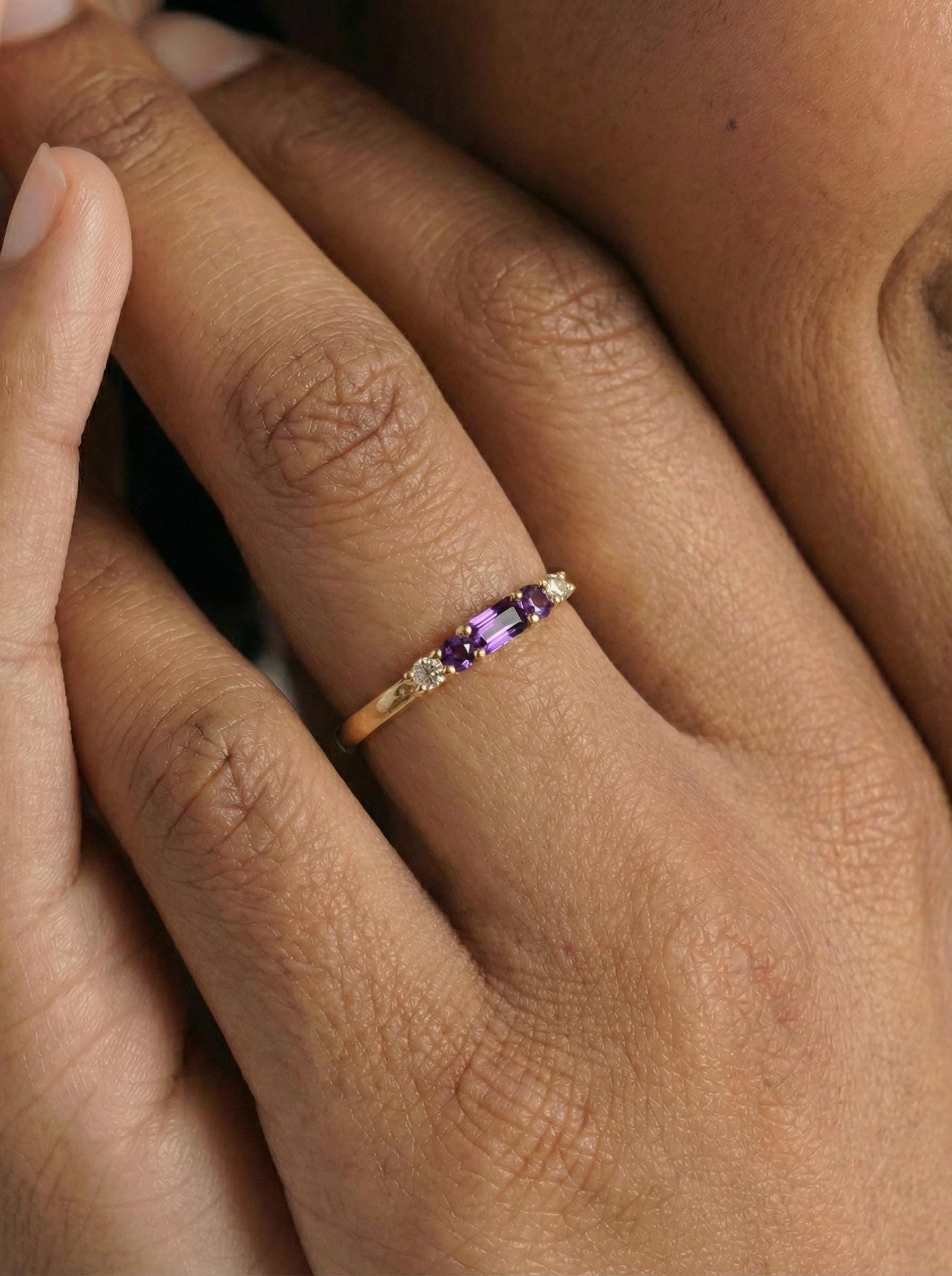 February Birthstone Amethyst Ring Dainty Gold Baguette Wedding Band Minimalist Birthday Gift Simple Stacking Promise Ring