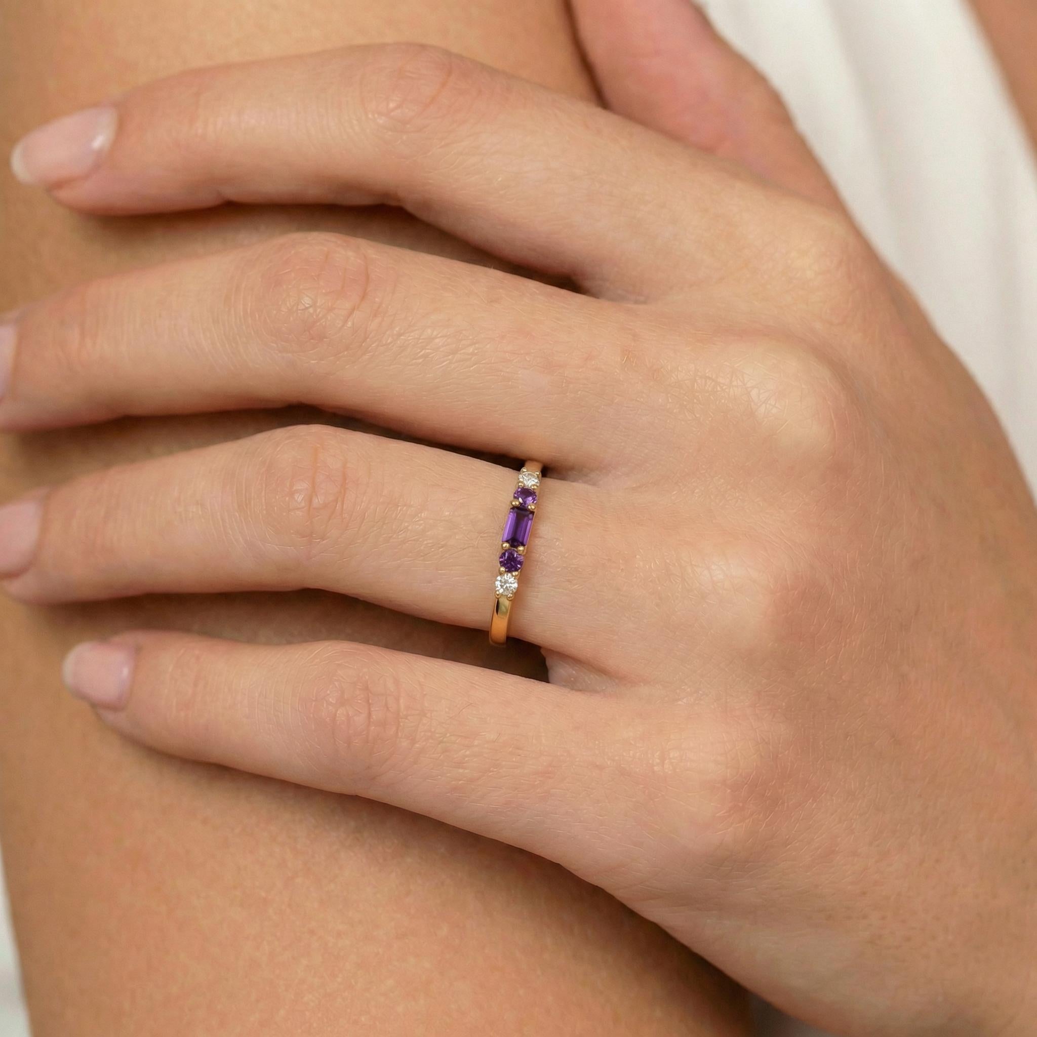 February Birthstone Amethyst Ring Dainty Gold Baguette Wedding Band Minimalist Birthday Gift Simple Stacking Promise Ring