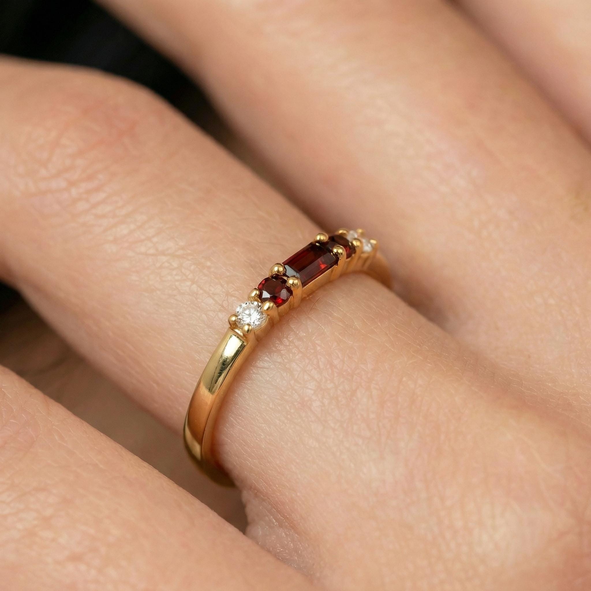 January Birthstone Garnet Ring Dainty Gold Baguette Wedding Band Minimalist Birthday Gift Simple Stacking Promise Ring