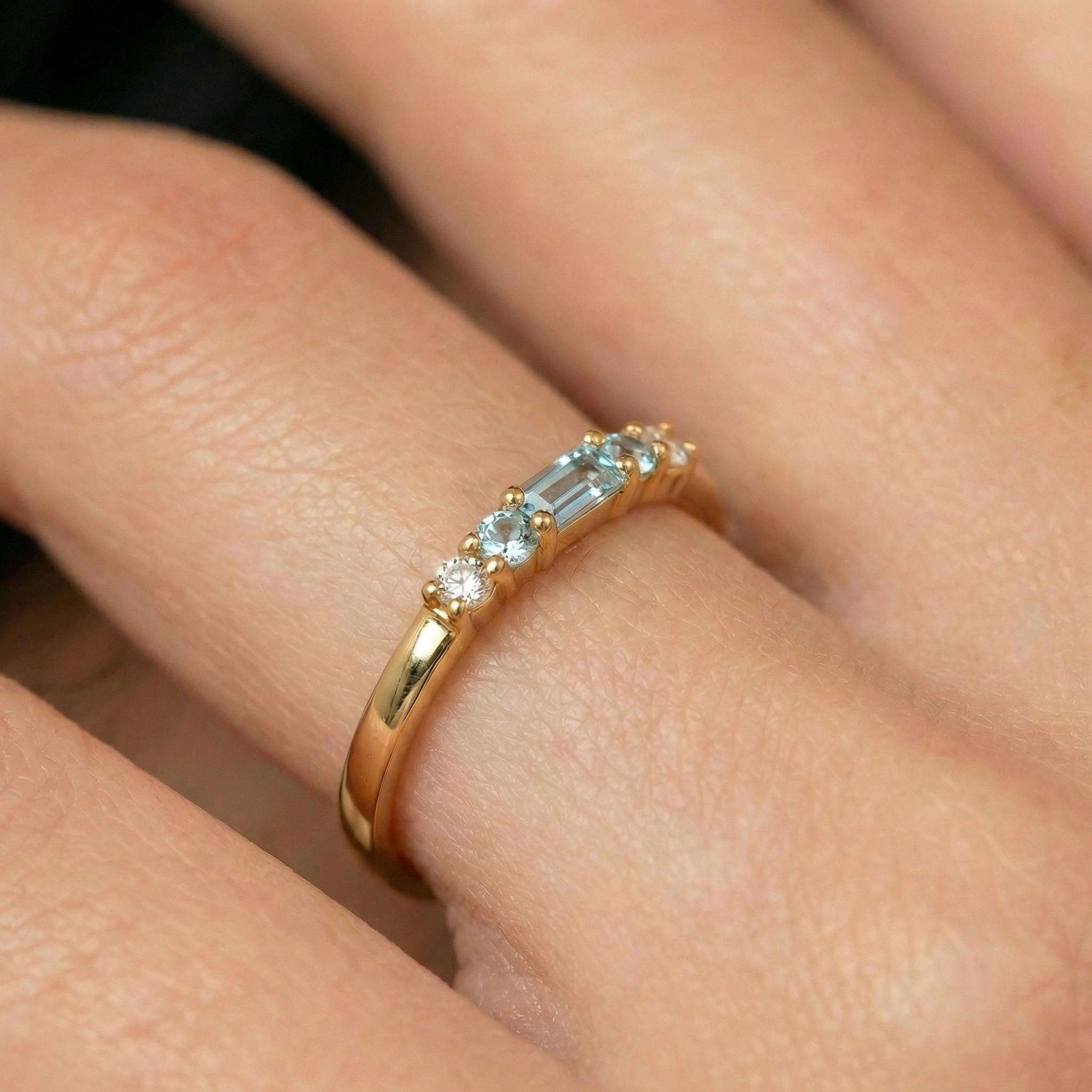 March Birthstone Aquamarine Ring Dainty Gold Baguette Wedding Band Minimalist Birthday Gift Simple Stacking Promise Ring