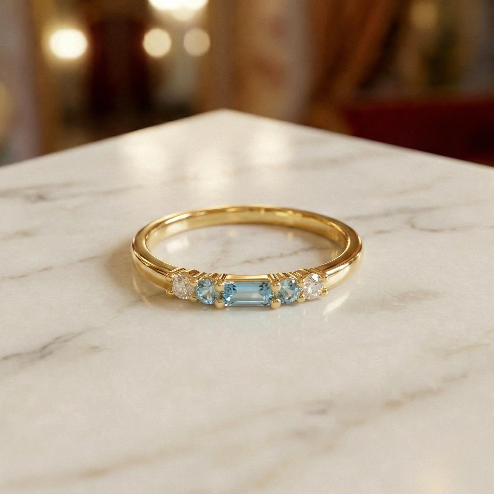 March Birthstone Aquamarine Ring Dainty Gold Baguette Wedding Band Minimalist Birthday Gift Simple Stacking Promise Ring