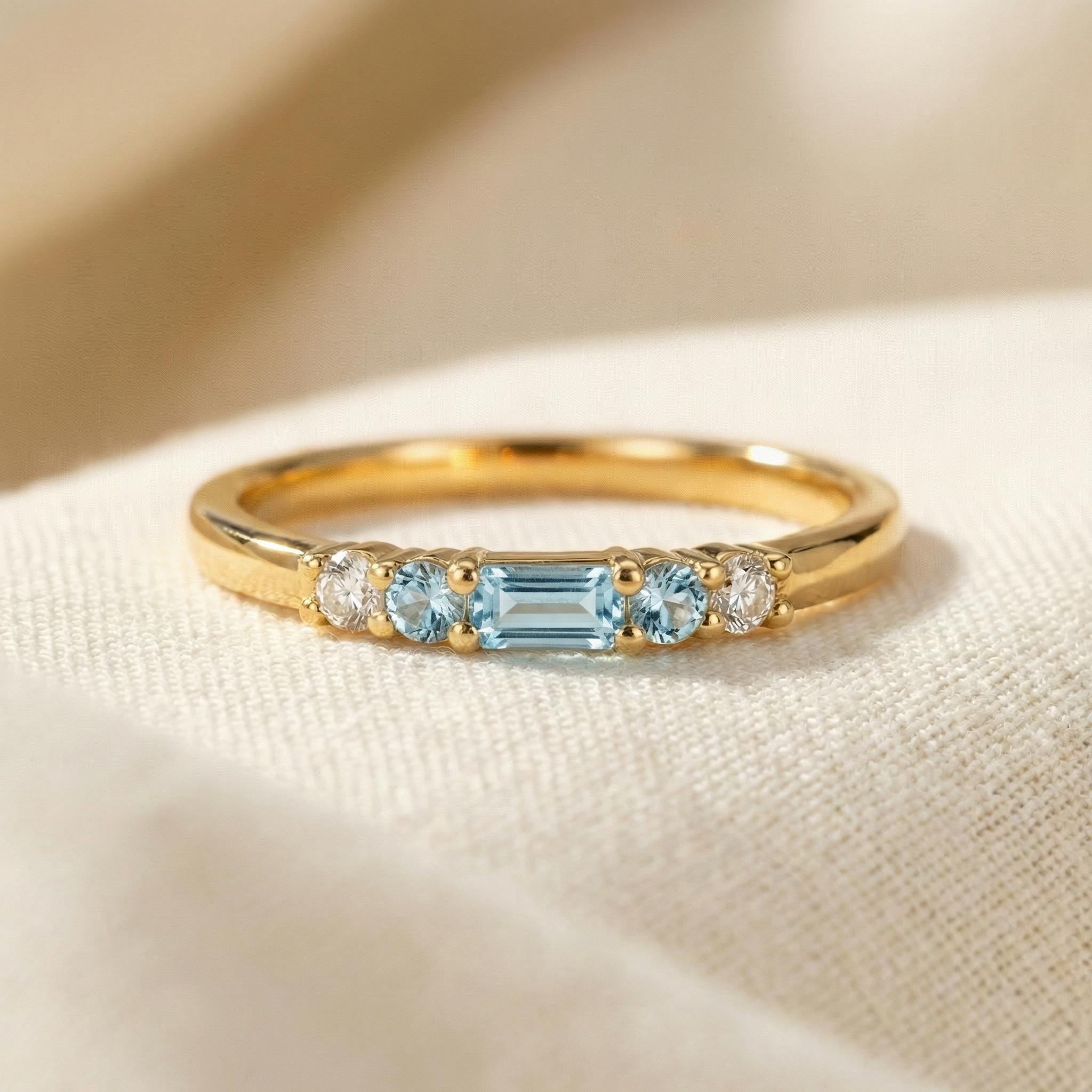 March Birthstone Aquamarine Ring Dainty Gold Baguette Wedding Band Minimalist Birthday Gift Simple Stacking Promise Ring