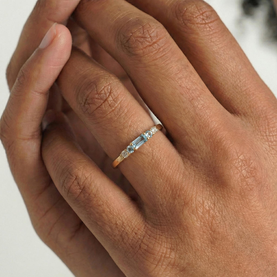 March Birthstone Aquamarine Ring Dainty Gold Baguette Wedding Band Minimalist Birthday Gift Simple Stacking Promise Ring