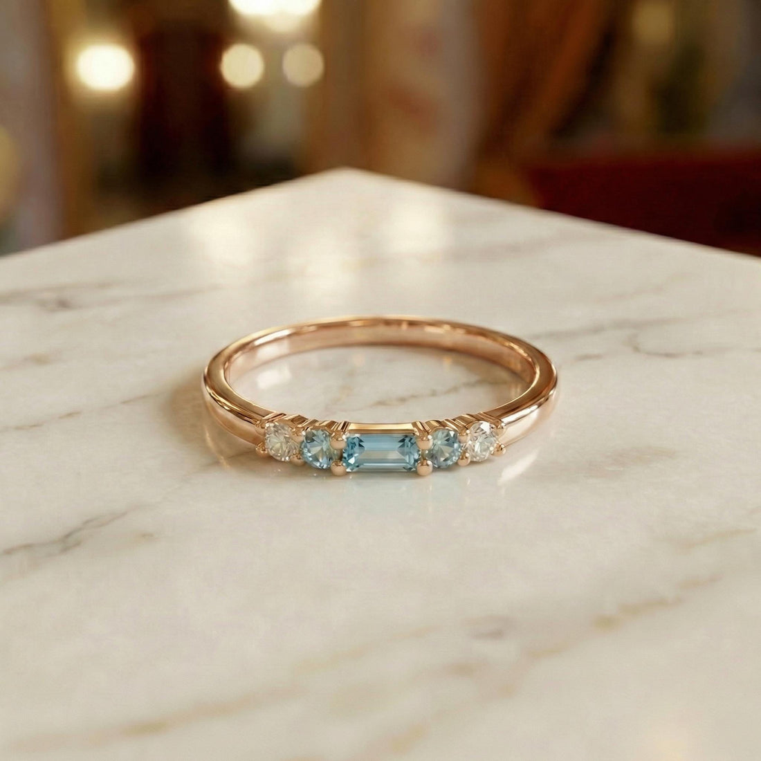 March Birthstone Aquamarine Ring Dainty Gold Baguette Wedding Band Minimalist Birthday Gift Simple Stacking Promise Ring
