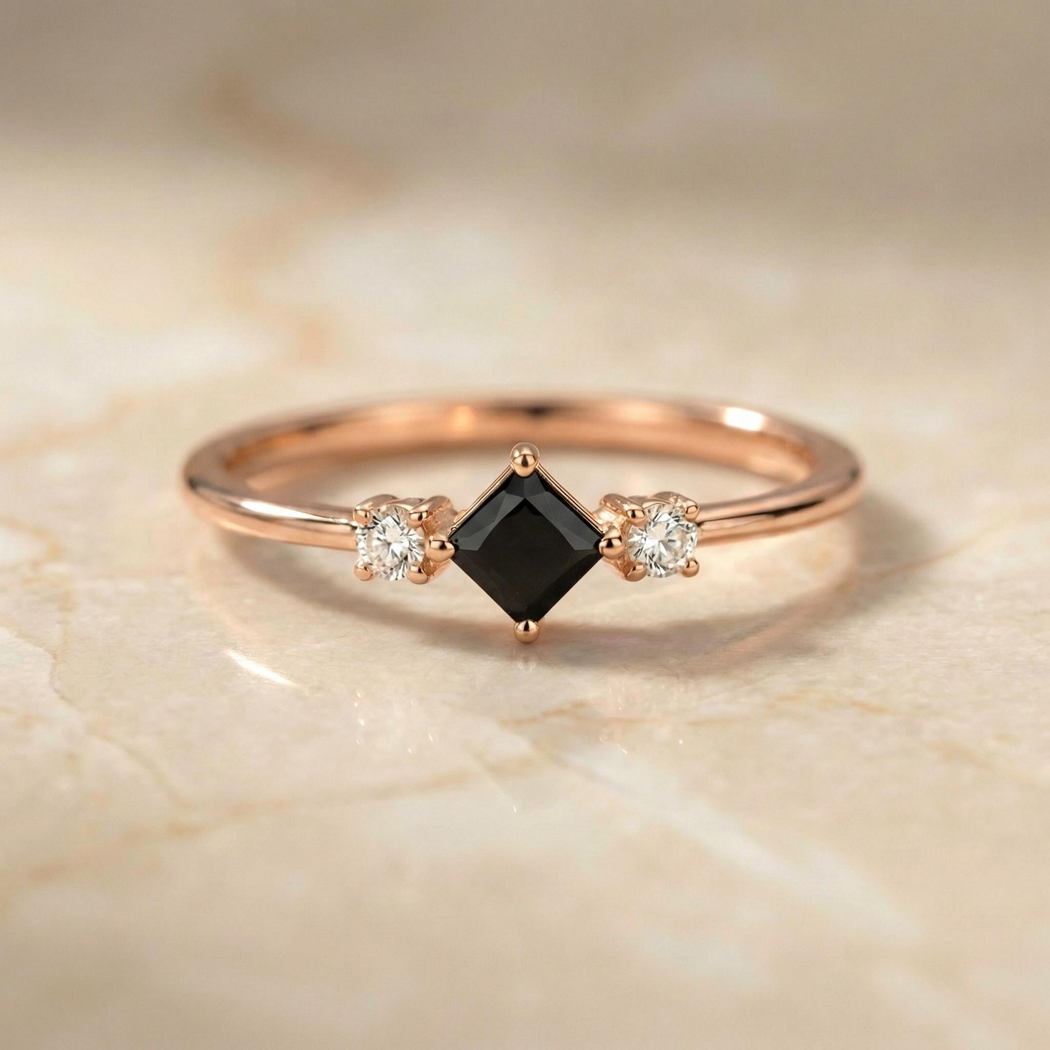 Black Diamond Engagement Ring, Minimalist Promise Ring For Her, Kite Set 3 Stone Ring, Black Gemstone Band