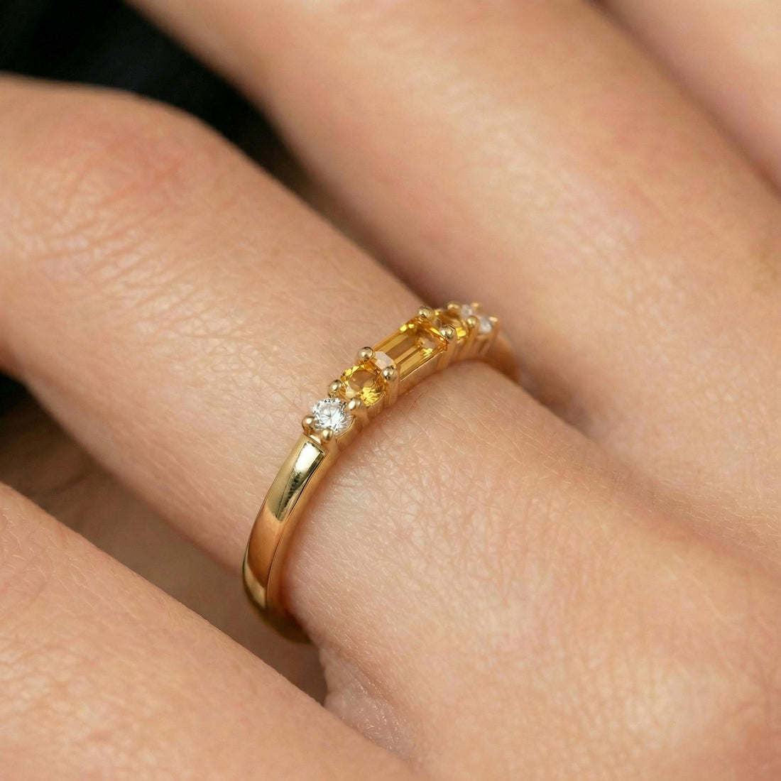 November Birthstone Citrine Ring Dainty Gold Baguette Wedding Band Minimalist Birthday Gift Simple Stacking Promise Ring
