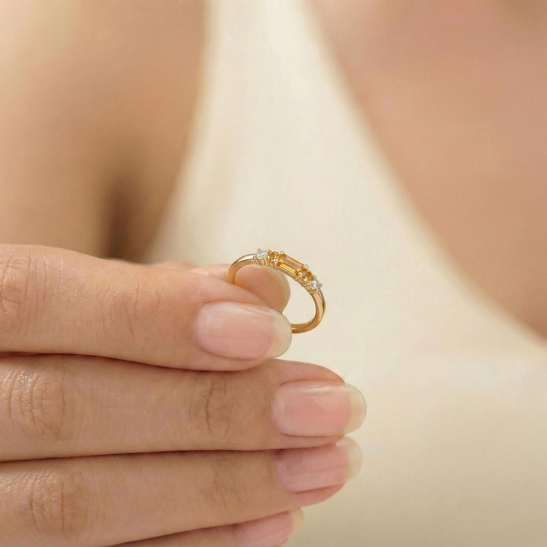 November Birthstone Citrine Ring Dainty Gold Baguette Wedding Band Minimalist Birthday Gift Simple Stacking Promise Ring
