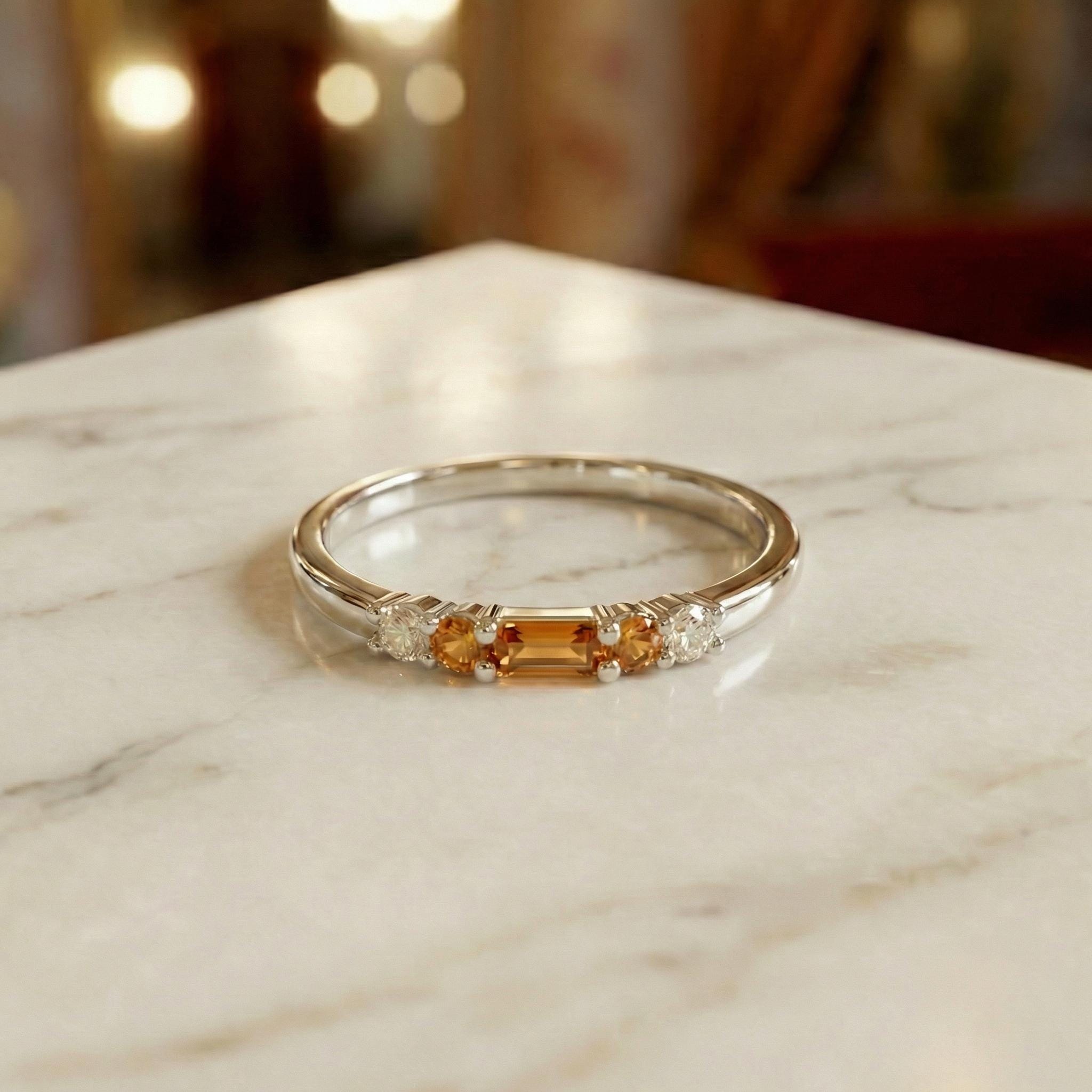 November Birthstone Citrine Ring Dainty Gold Baguette Wedding Band Minimalist Birthday Gift Simple Stacking Promise Ring