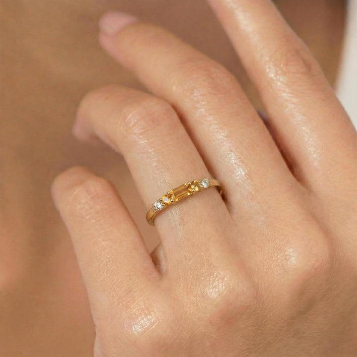 November Birthstone Citrine Ring Dainty Gold Baguette Wedding Band Minimalist Birthday Gift Simple Stacking Promise Ring