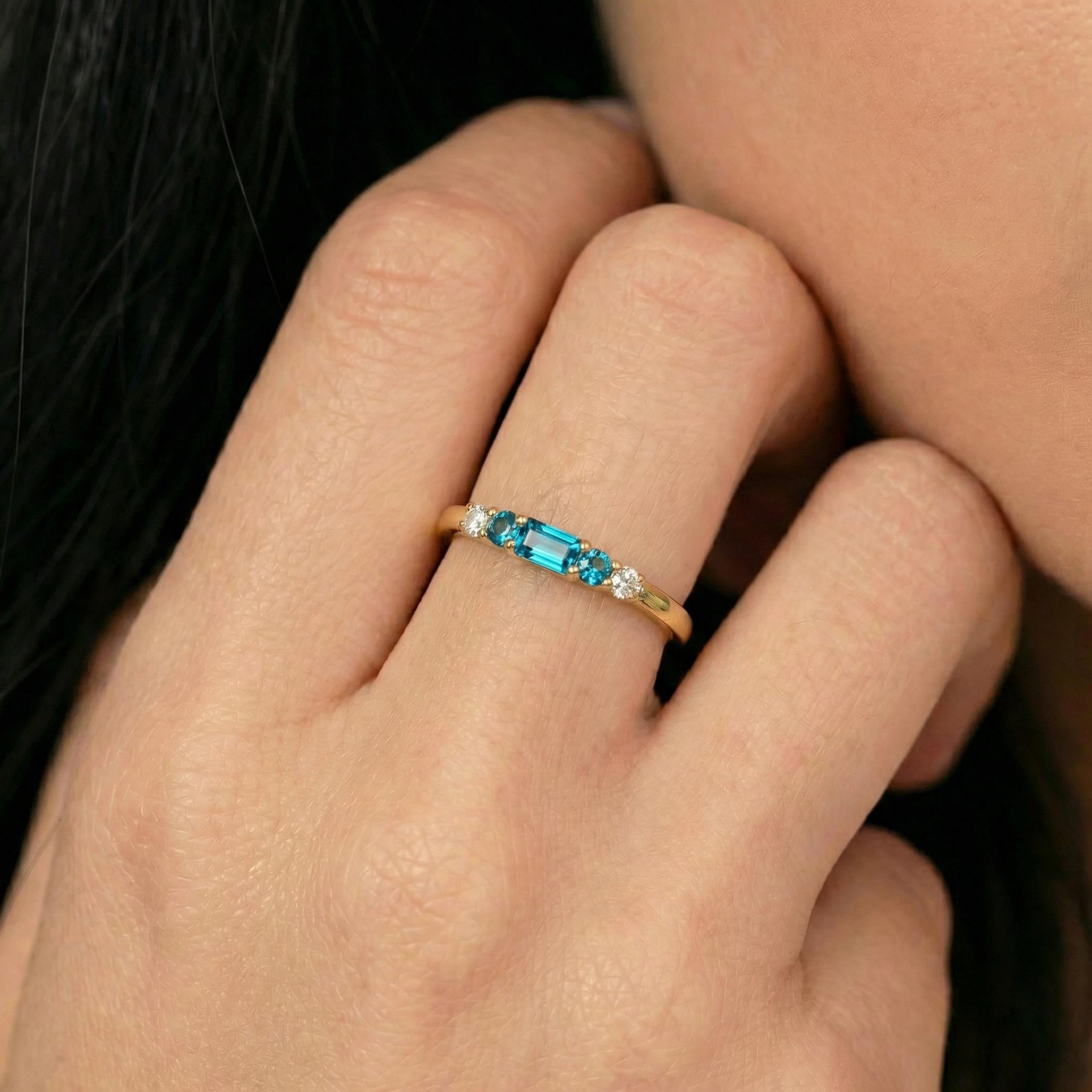 December Birthstone Blue Zircon Ring, Dainty Gold Baguette Band, Minimalist Stacking Ring, Promise Ring Gift for Her