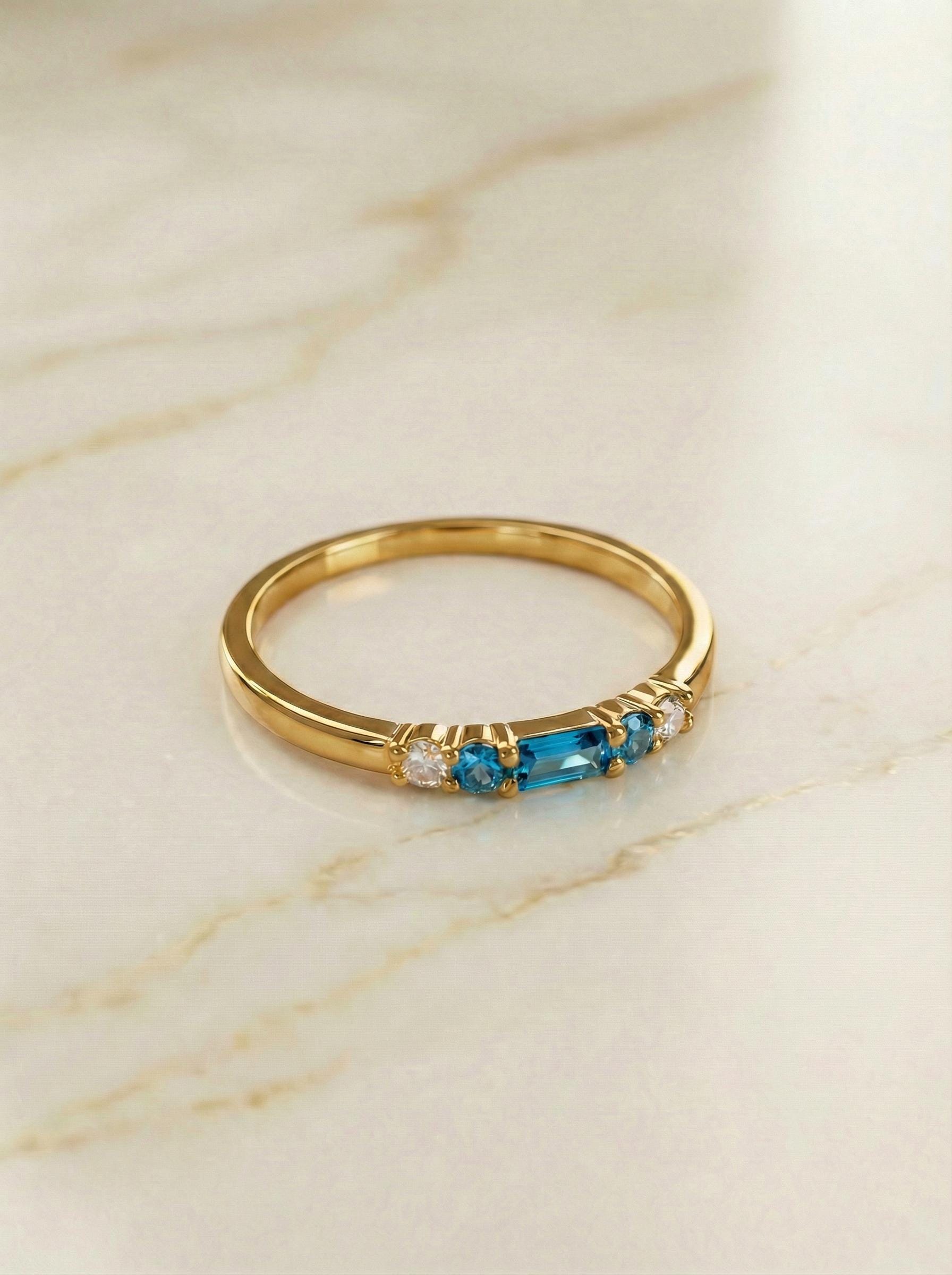 December Birthstone Blue Zircon Ring, Dainty Gold Baguette Band, Minimalist Stacking Ring, Promise Ring Gift for Her