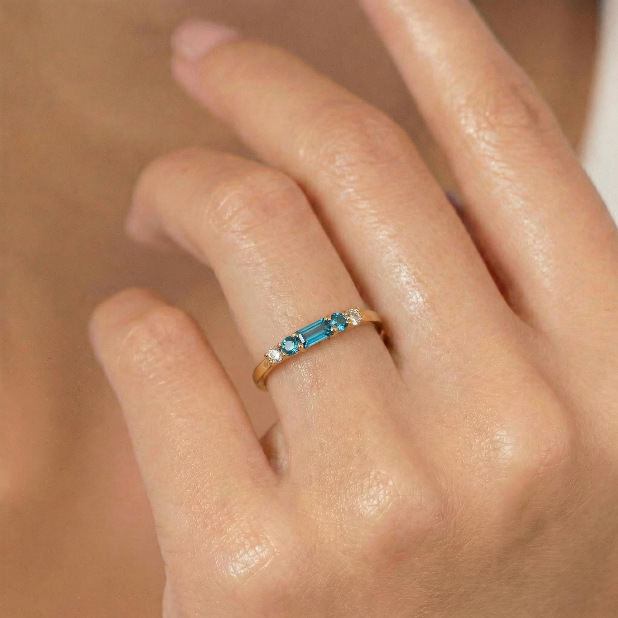 December Birthstone Blue Zircon Ring, Dainty Gold Baguette Band, Minimalist Stacking Ring, Promise Ring Gift for Her