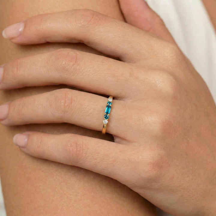 December Birthstone Blue Zircon Ring, Dainty Gold Baguette Band, Minimalist Stacking Ring, Promise Ring Gift for Her