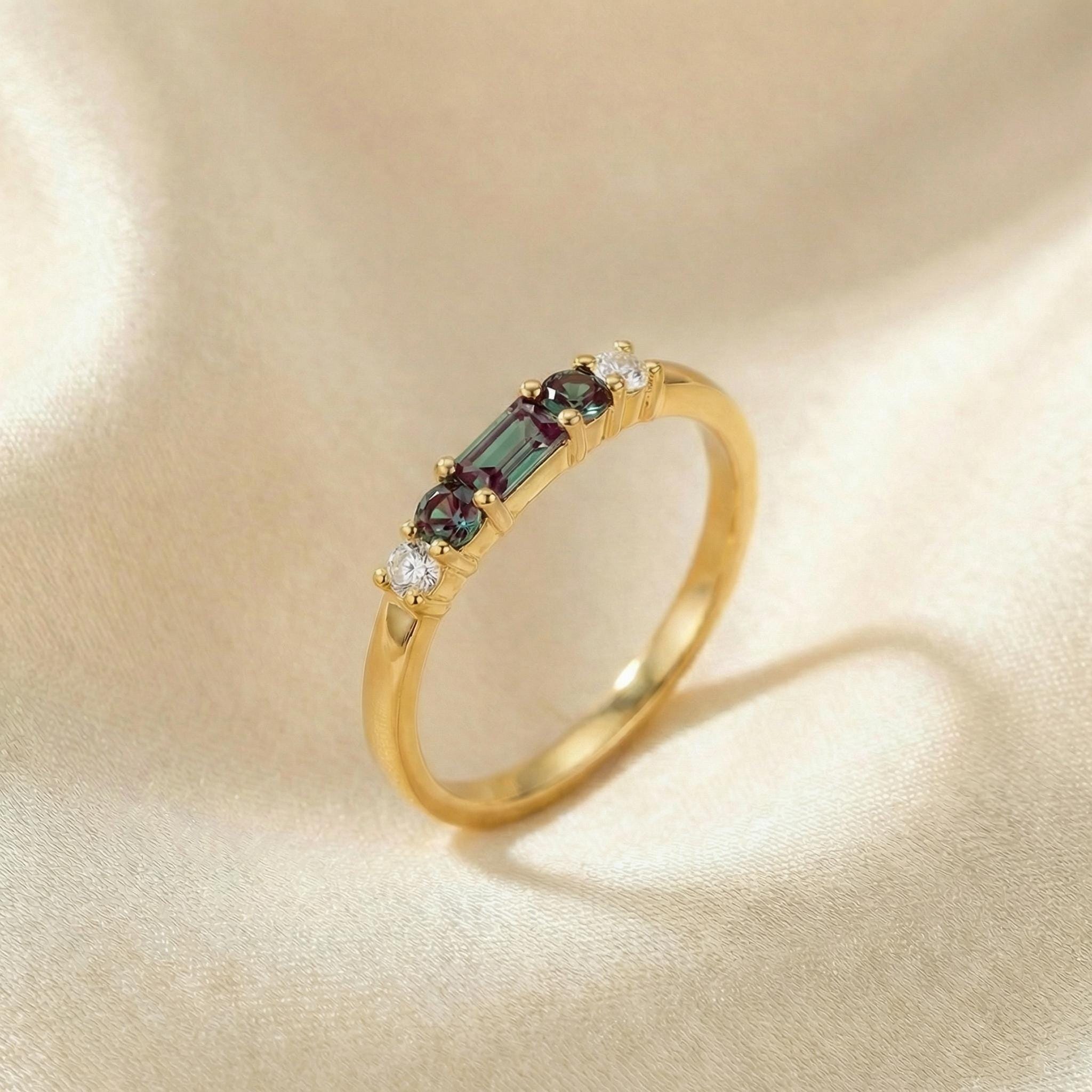 Alexandrite Ring June Birthstone, Dainty Gold Baguette Wedding Band, Minimalist Stacking Promise Ring Gift for Women