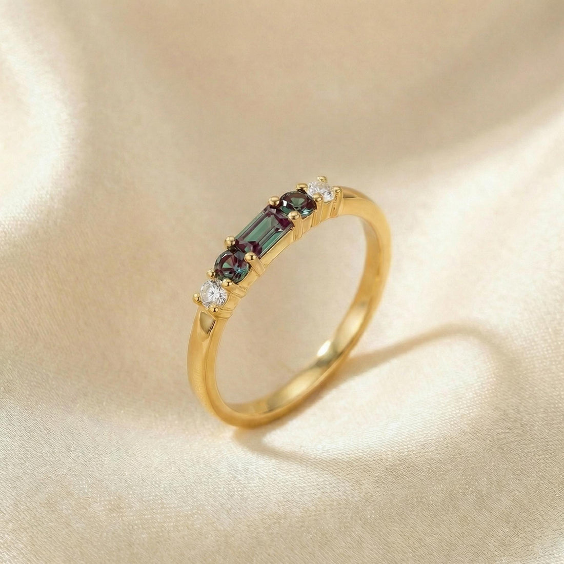 Alexandrite Ring June Birthstone, Dainty Gold Baguette Wedding Band, Minimalist Stacking Promise Ring Gift for Women