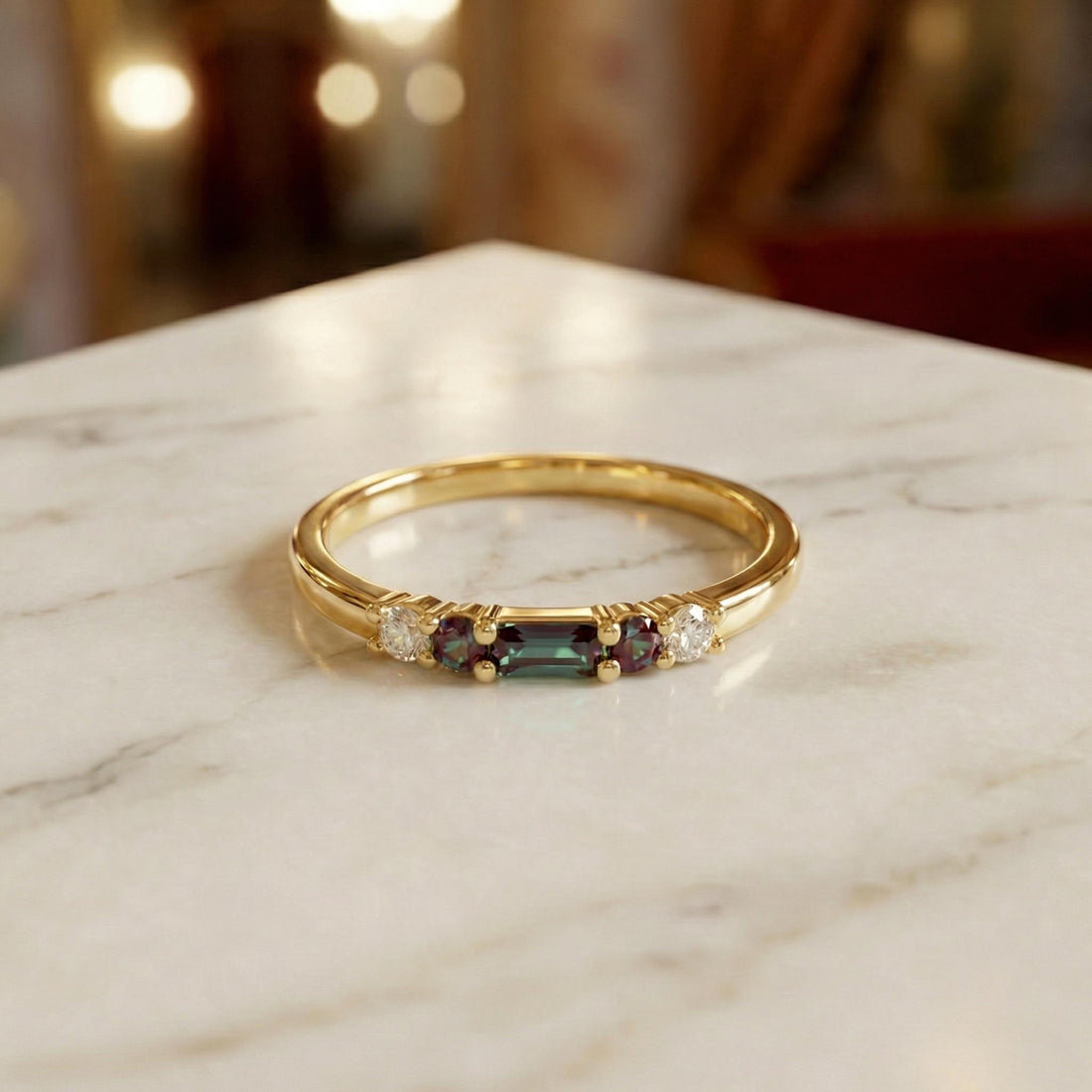 Alexandrite Ring June Birthstone, Dainty Gold Baguette Wedding Band, Minimalist Stacking Promise Ring Gift for Women