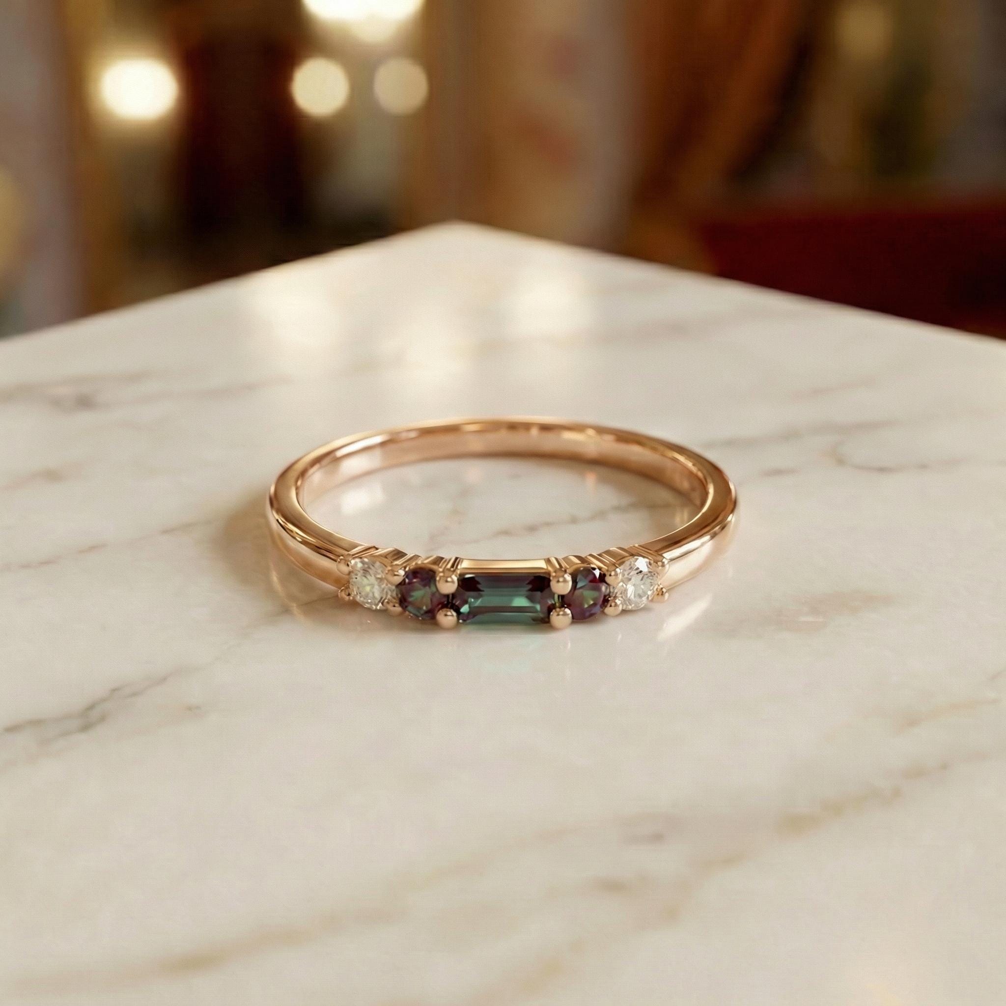 Alexandrite Ring June Birthstone, Dainty Gold Baguette Wedding Band, Minimalist Stacking Promise Ring Gift for Women