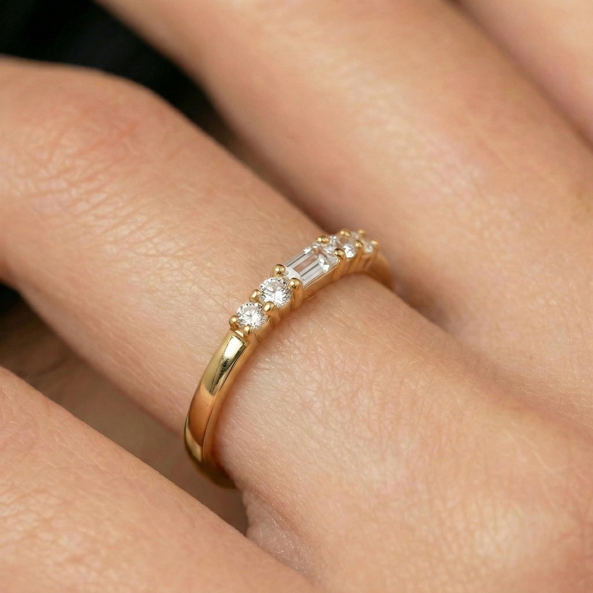 Baguette Moissanite Wedding Band, Sterling Silver Minimalist Gold Promise Ring, Elegant Stacking Ring Gift for Women