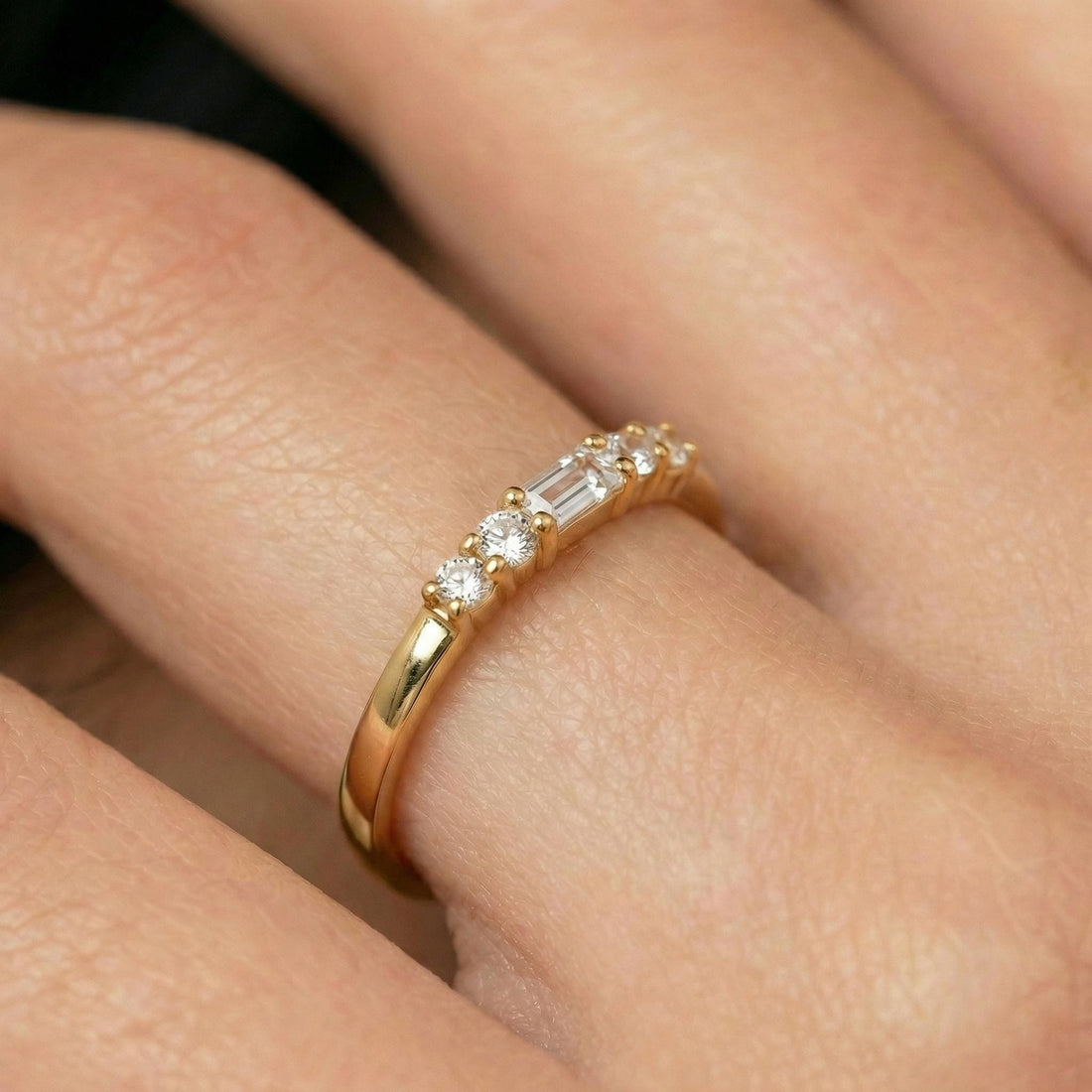 Baguette Moissanite Wedding Band, Sterling Silver Minimalist Gold Promise Ring, Elegant Stacking Ring Gift for Women