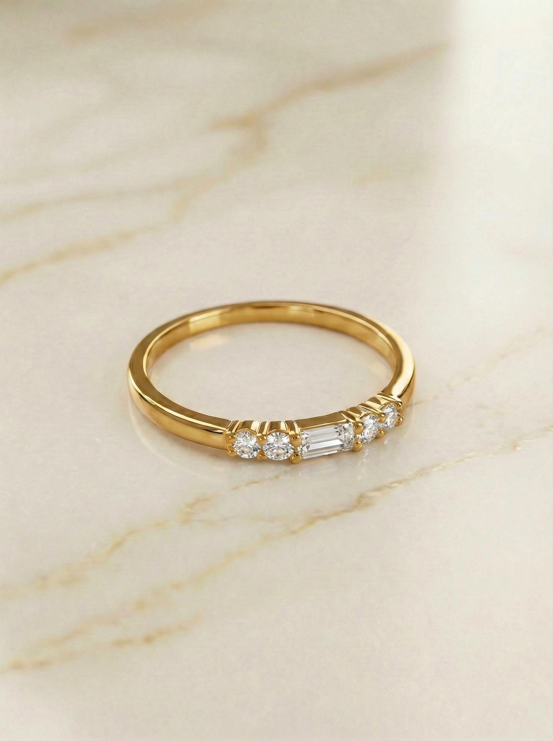Baguette Diamond Wedding Band, April Birthstone Ring, Minimalist Promise Ring Gift for Her, Elegant Stacking Ring