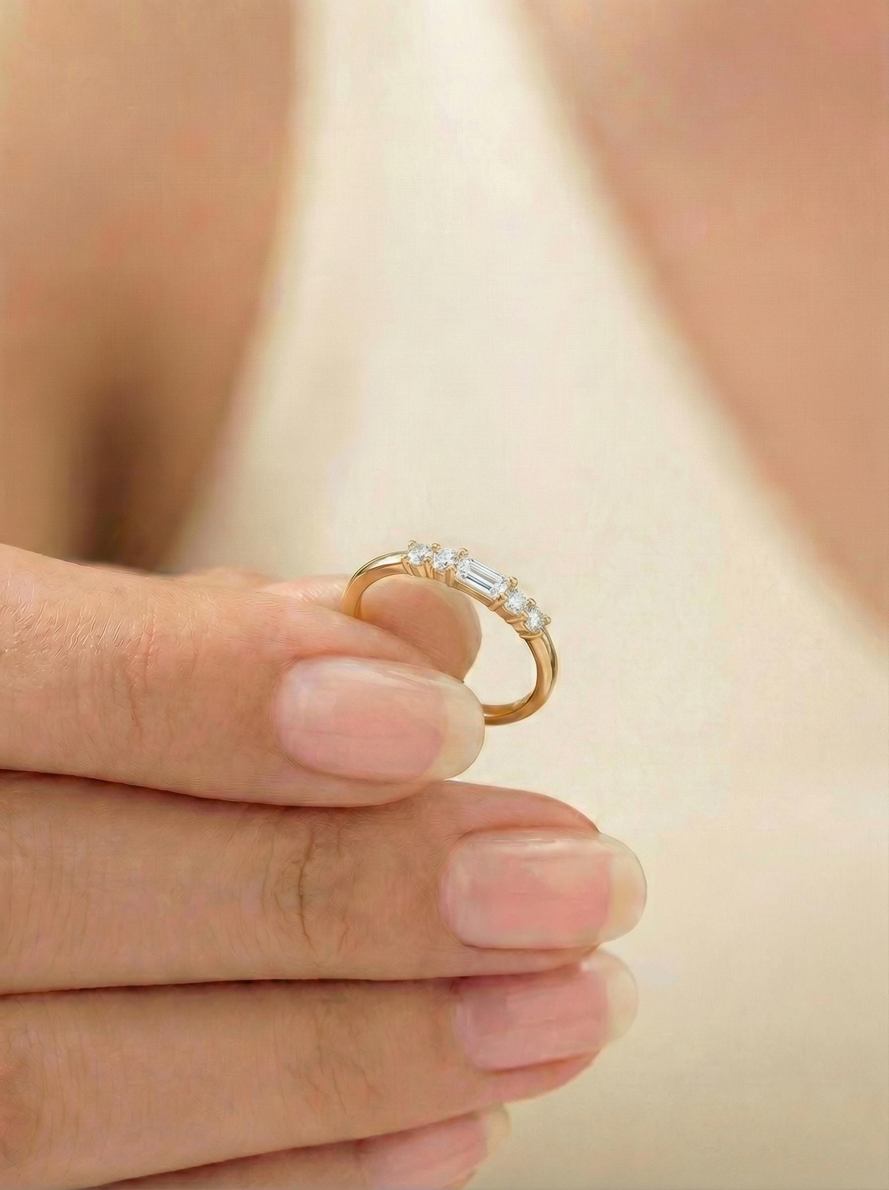 Baguette Moissanite Wedding Band, Sterling Silver Minimalist Gold Promise Ring, Elegant Stacking Ring Gift for Women