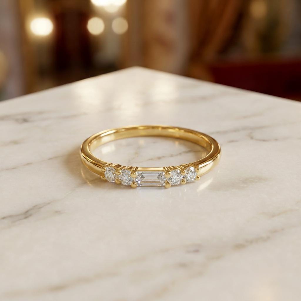 Baguette Diamond Wedding Band, April Birthstone Ring, Minimalist Promise Ring Gift for Her, Elegant Stacking Ring