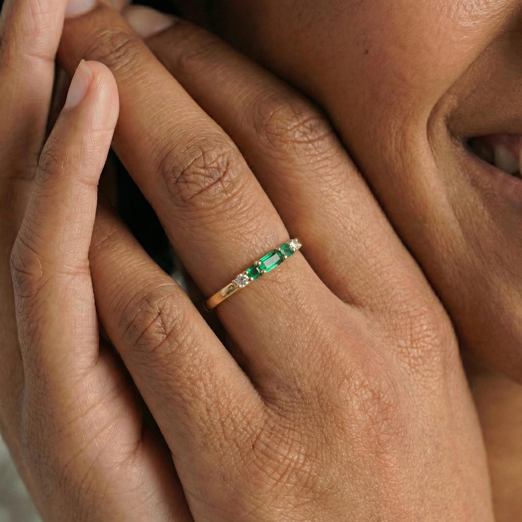 May Birthstone Emerald Ring, Dainty Gold Baguette Band, Minimalist Stacking Ring, Promise Ring Gift for Her