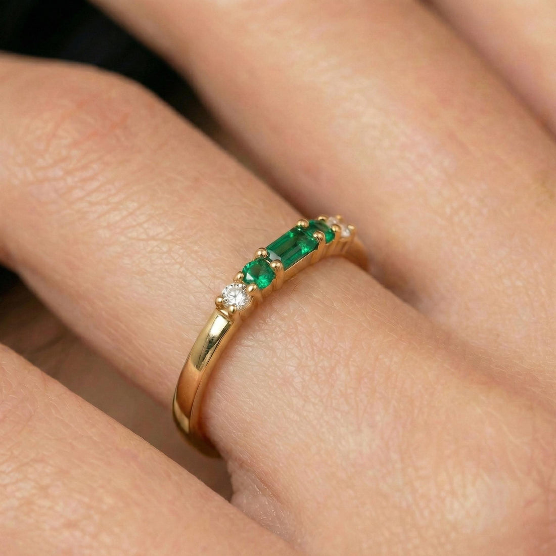 May Birthstone Emerald Ring, Dainty Gold Baguette Band, Minimalist Stacking Ring, Promise Ring Gift for Her
