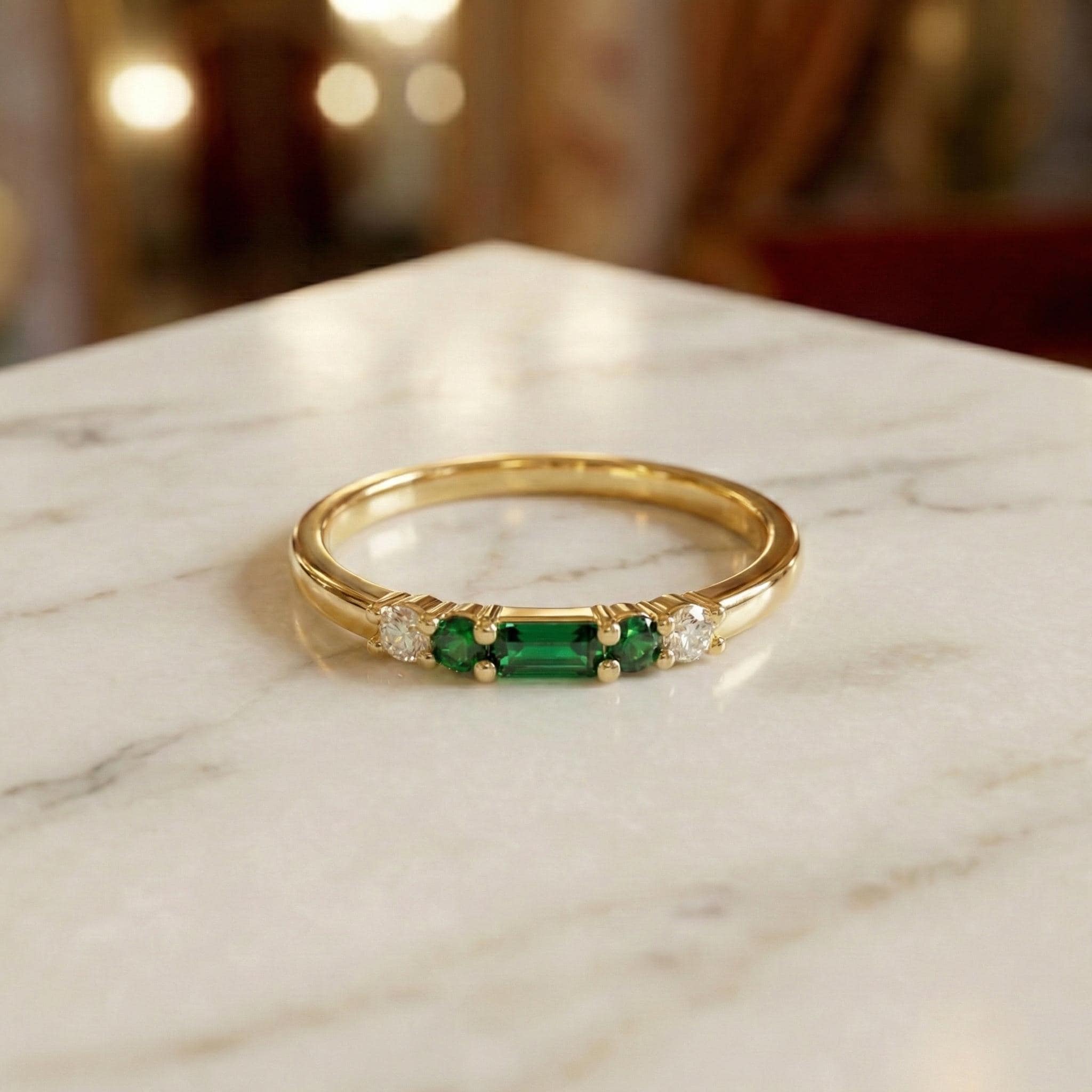 May Birthstone Emerald Ring, Dainty Gold Baguette Band, Minimalist Stacking Ring, Promise Ring Gift for Her