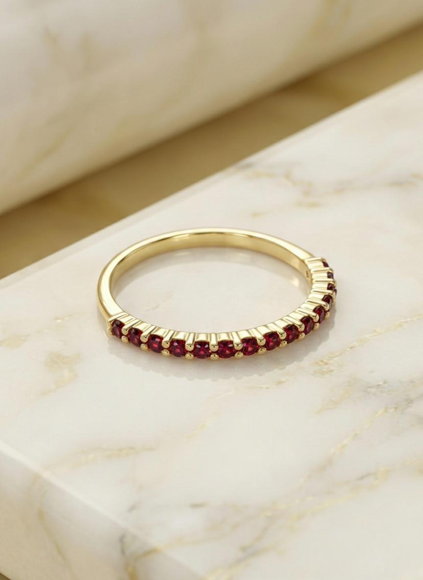 Shared Prong Garnet Wedding Band, January Birthstone Ring, Classic Wedding Ring, Women Wedding Band