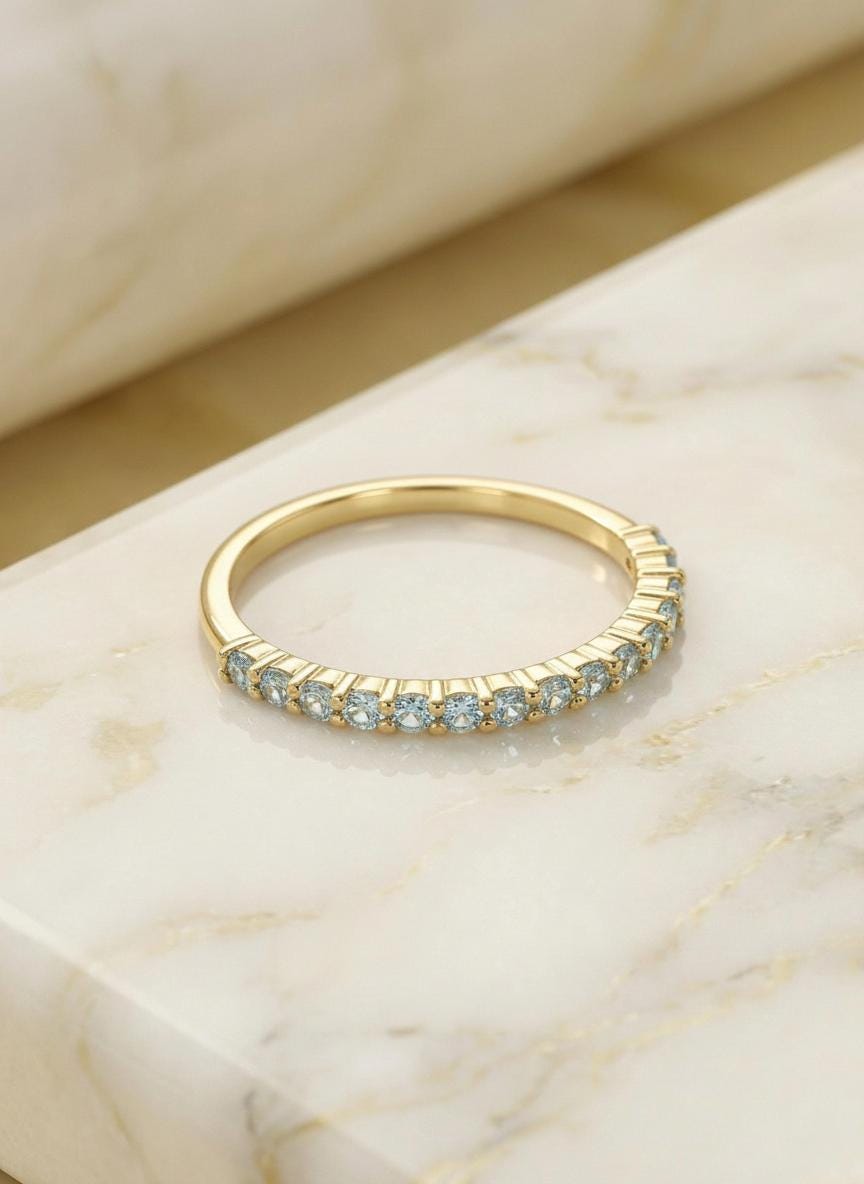 Aquamarine Ring Wedding Band Birthday Gift  Half Eternity Stacking Ring March Birthstone Anniversary Jewelry Promise Ring for Her