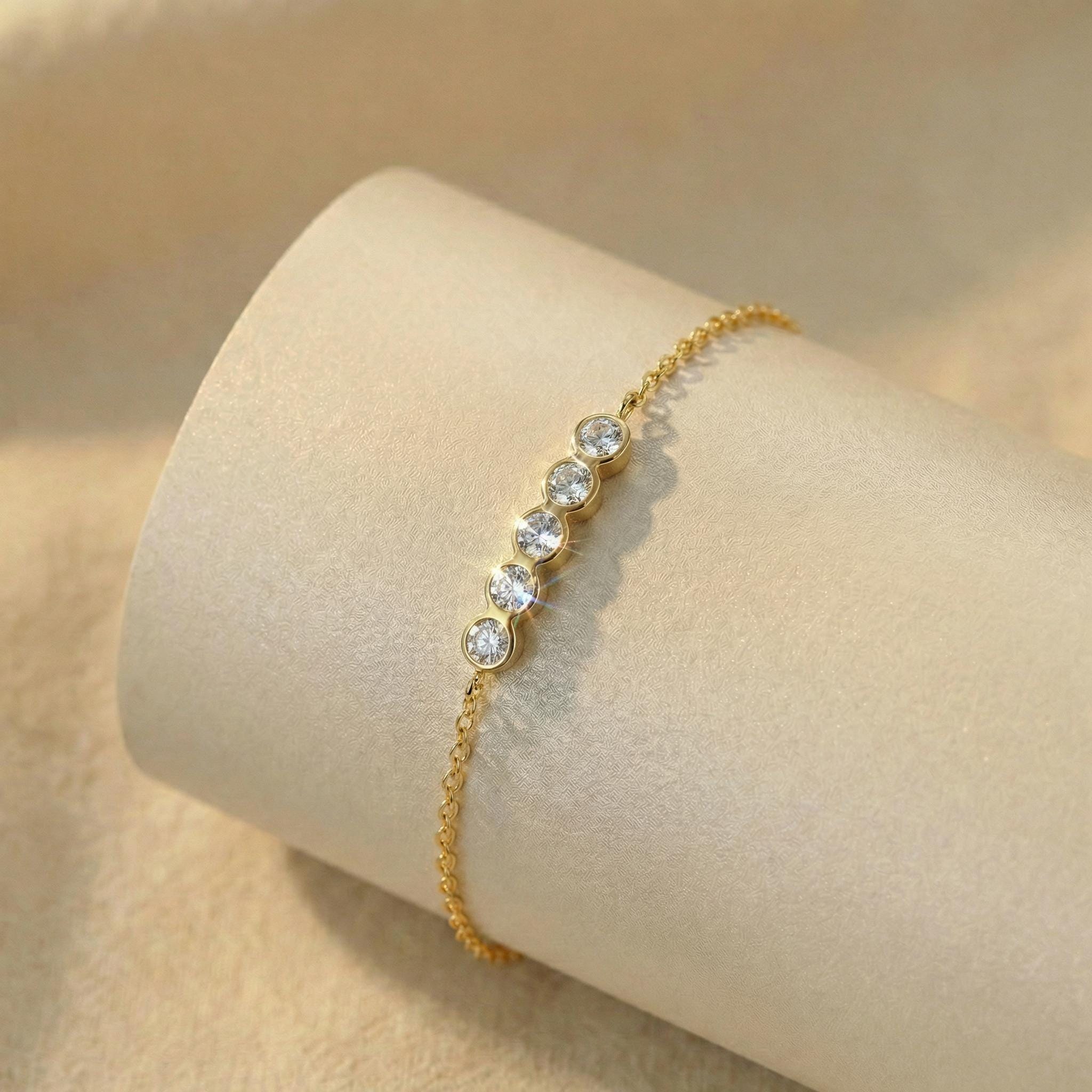 Moissanite Bezel Bracelet, Five Stone Dainty Gold Chain Bracelet, Minimalist Bridal Jewelry, Bridesmaid Gift for Her