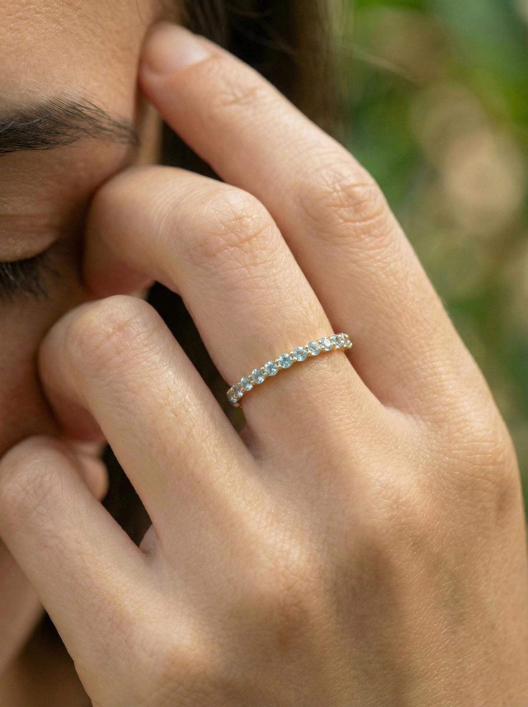 Aquamarine Ring Wedding Band Birthday Gift  Half Eternity Stacking Ring March Birthstone Anniversary Jewelry Promise Ring for Her