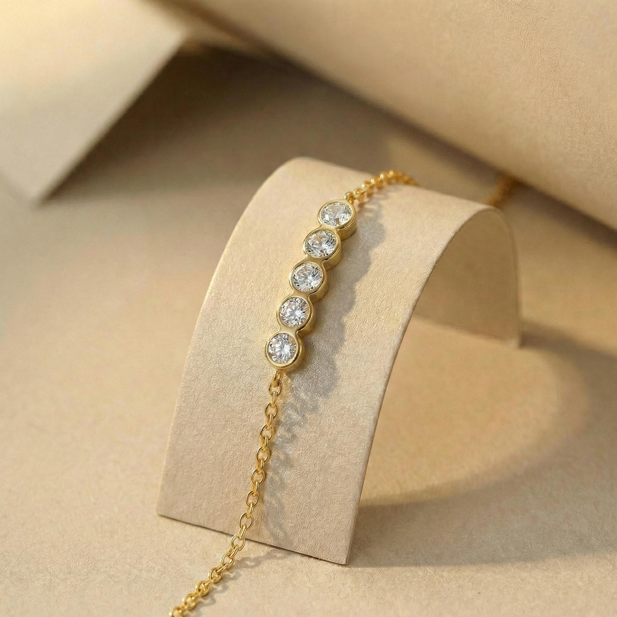 Simulated Diamond Bezel Bracelet, Dainty Gold Station Chain, Minimalist Bridesmaid Jewelry, Custom Bridal Party Gift