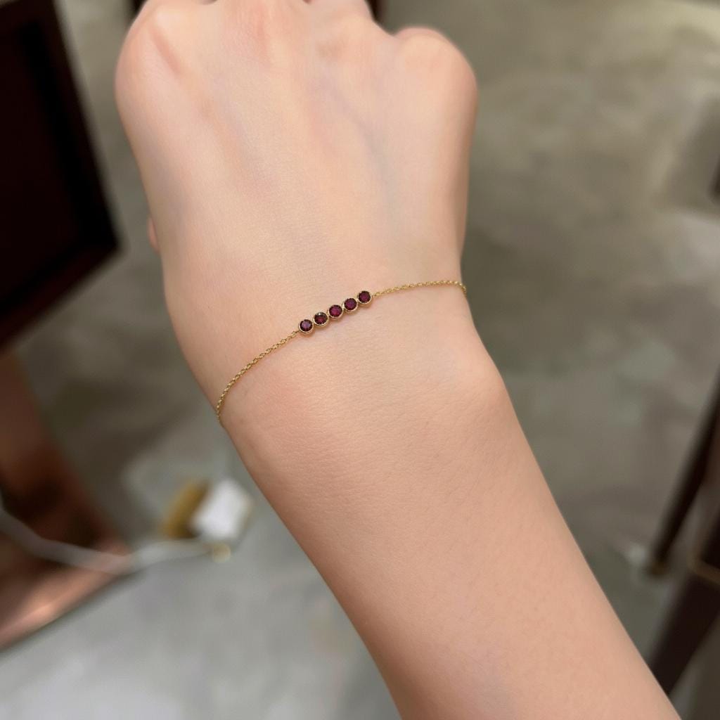 Garnet Bracelet Gold Bridesmaid Gift and January Birthstone Jewelry 14k Solid Gold Bezel Set Deep Red Gemstone Station Chain For Her