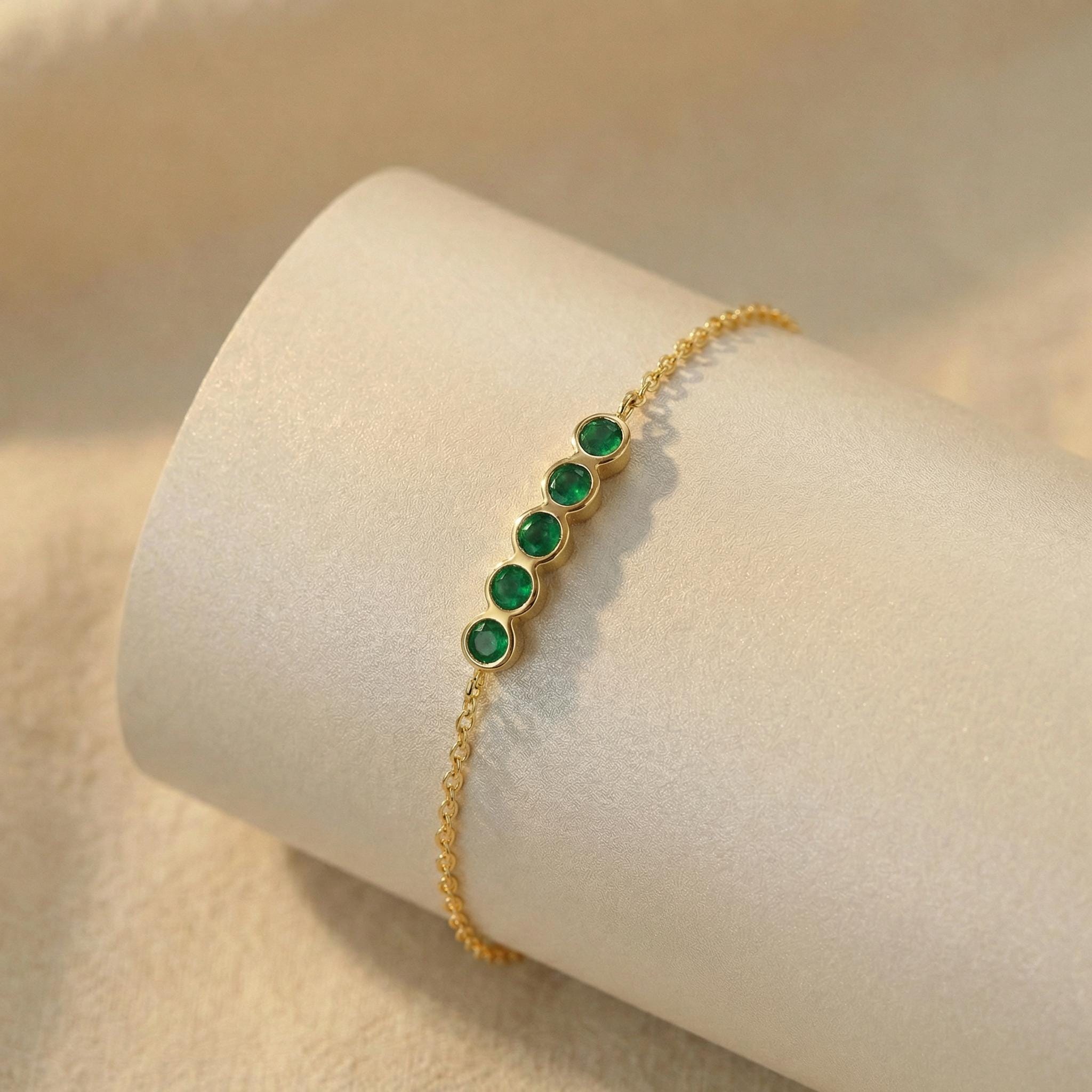 Emerald Birthstone Bracelet, May Birthstone Jewelry, Dainty Gold Bezel Set Bracelet, Personalized Bridesmaid Gift for Her