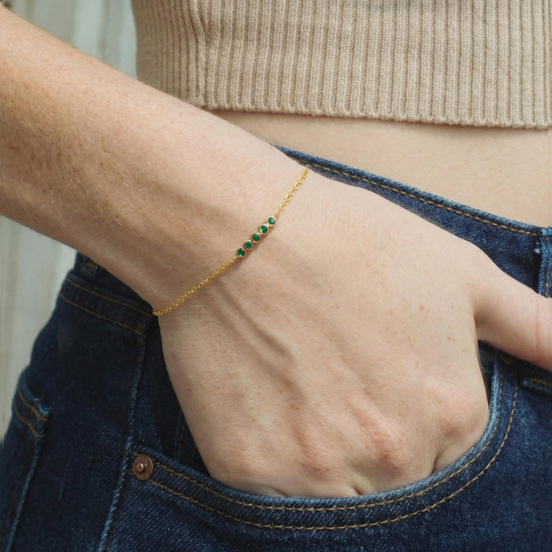 Emerald Birthstone Bracelet, May Birthstone Jewelry, Dainty Gold Bezel Set Bracelet, Personalized Bridesmaid Gift for Her
