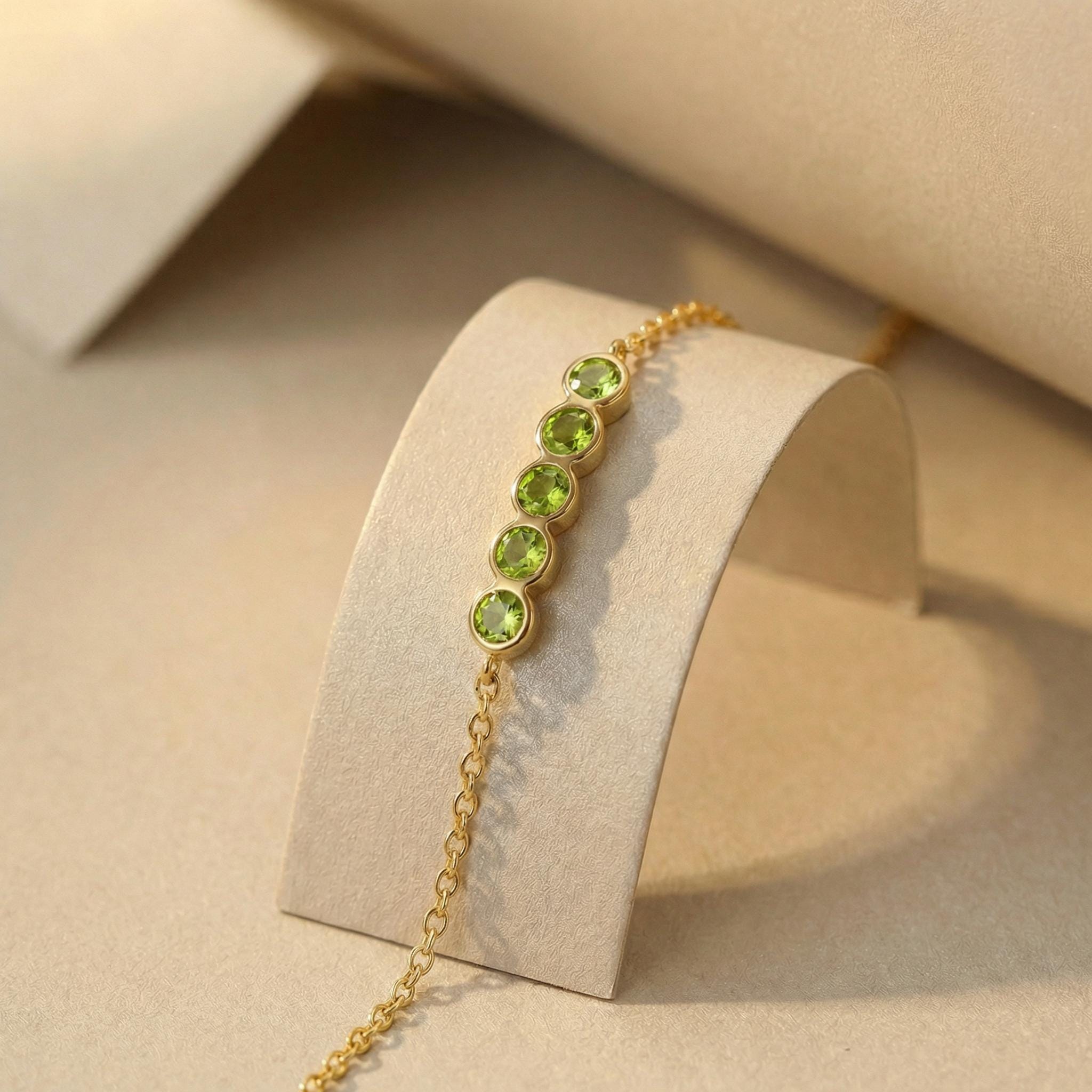 Peridot Birthstone Bracelet, August Birthstone Jewelry, Dainty Gold Bezel Station Chain, Personalized Bridesmaid Gift for Her