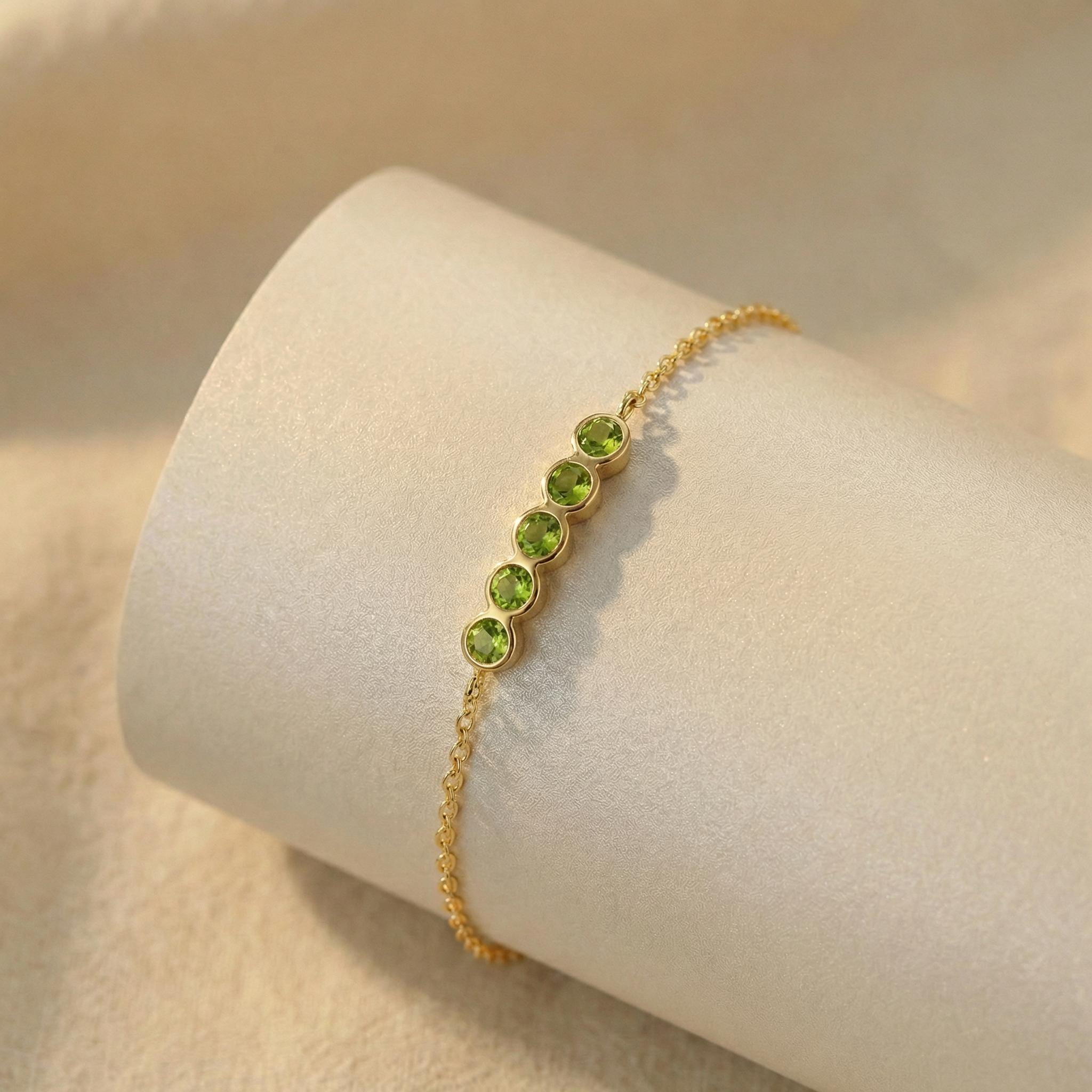 Peridot Birthstone Bracelet, August Birthstone Jewelry, Dainty Gold Bezel Station Chain, Personalized Bridesmaid Gift for Her