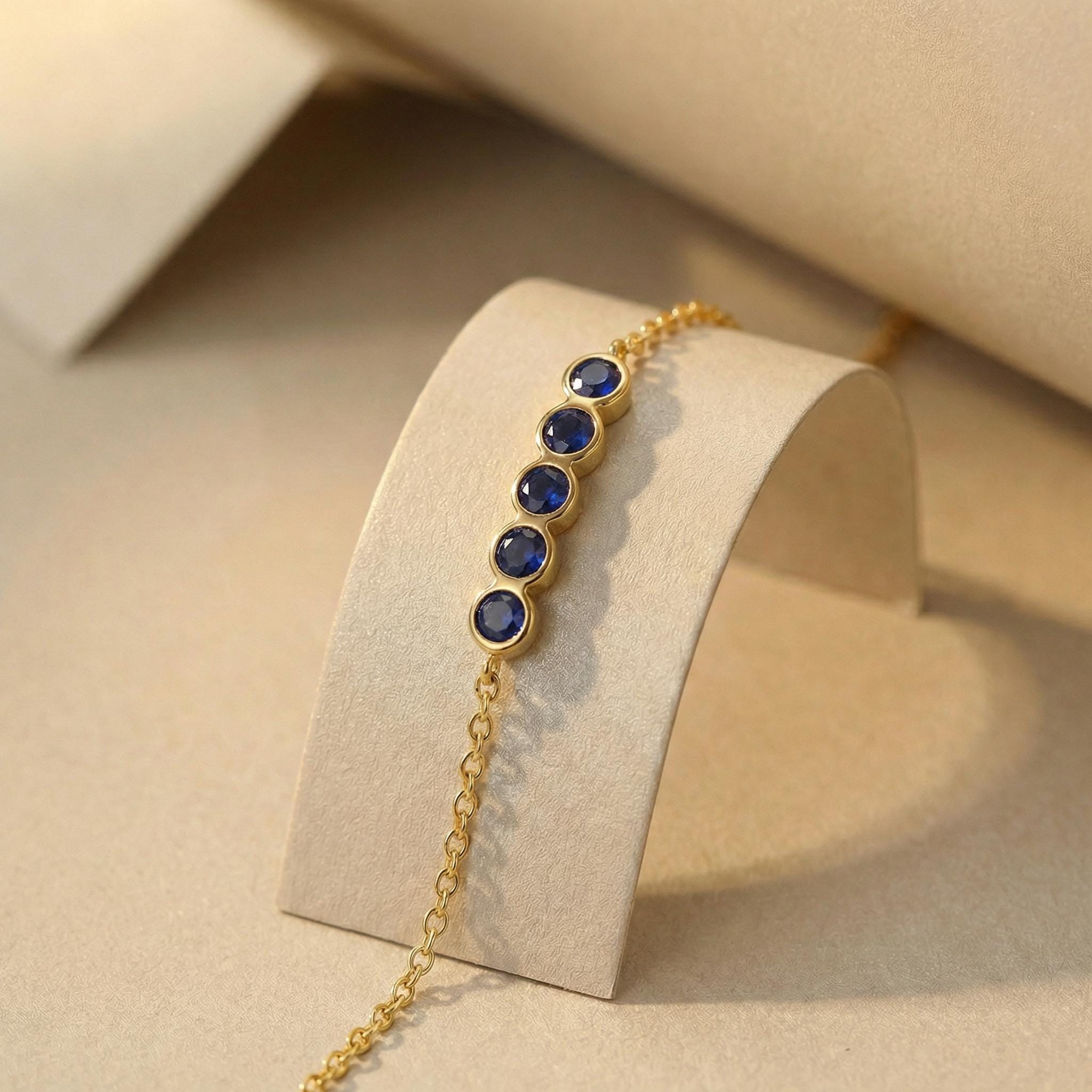 Blue Sapphire Birthstone Bracelet, September Birthstone Jewelry, Dainty Gold Station Chain, Bridesmaid Gift for Her
