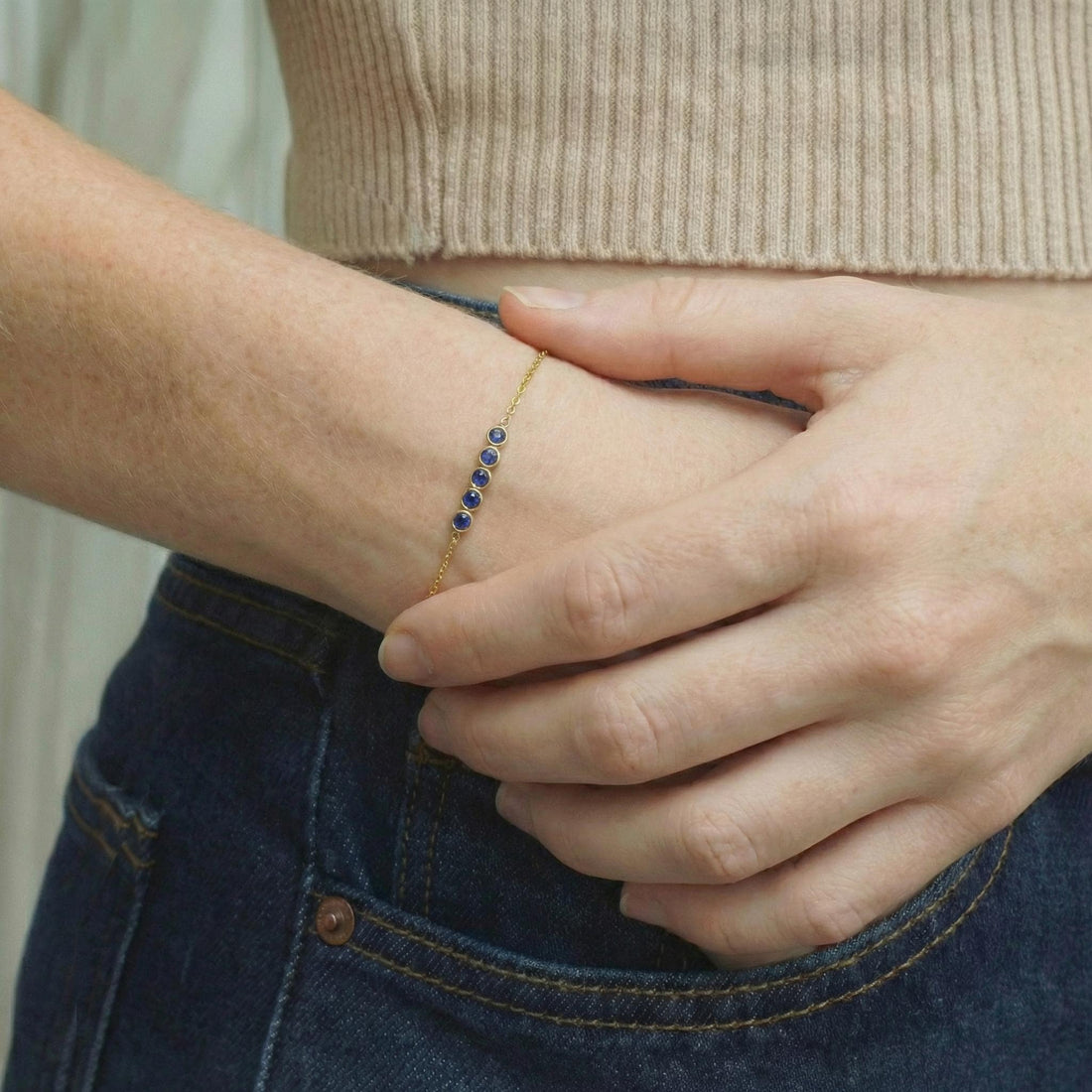 Blue Sapphire Birthstone Bracelet, September Birthstone Jewelry, Dainty Gold Station Chain, Bridesmaid Gift for Her