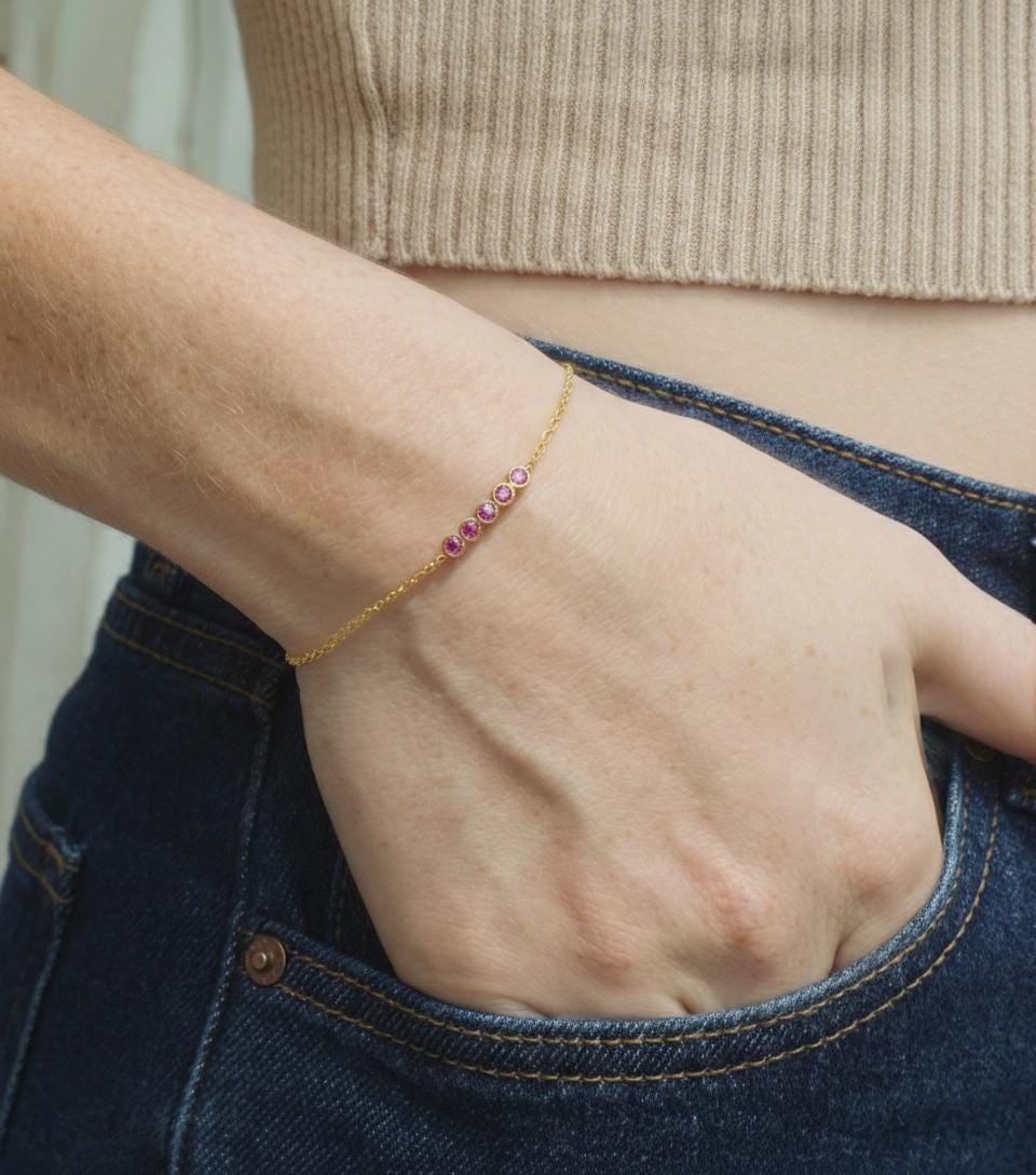 Pink Tourmaline Bracelet Bridesmaid Gift For Her 14k Gold Bezel Set Jewelry October Birthstone Present