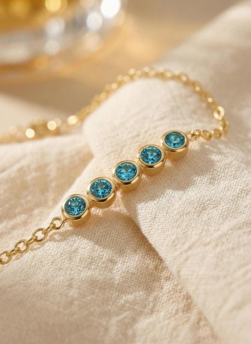 Blue Zircon Birthstone Bracelet, December Birthstone Jewelry, Dainty Gold Bezel Station Chain, Bridesmaid Gift for Her