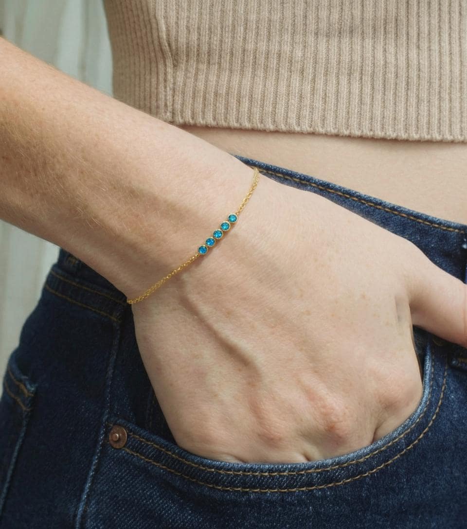 Blue Zircon Birthstone Bracelet, December Birthstone Jewelry, Dainty Gold Bezel Station Chain, Bridesmaid Gift for Her
