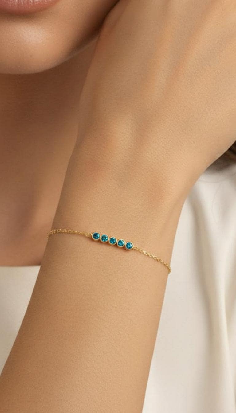 Blue Zircon Birthstone Bracelet, December Birthstone Jewelry, Dainty Gold Bezel Station Chain, Bridesmaid Gift for Her