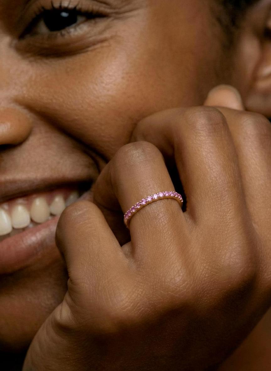 Shared Prong Pink Sapphire Wedding Band, September Birthstone Ring, Classic Wedding Ring, Women Wedding Band