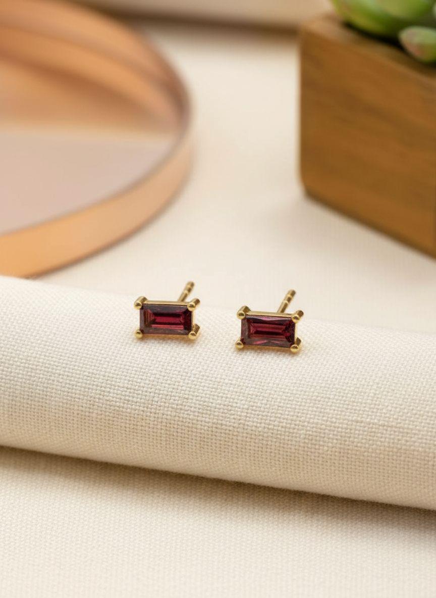 Garnet Pair Of Earrings Deep Red Birthday Gift For Her January Birthstone Jewelry Minimalist Emerald Cut Studs