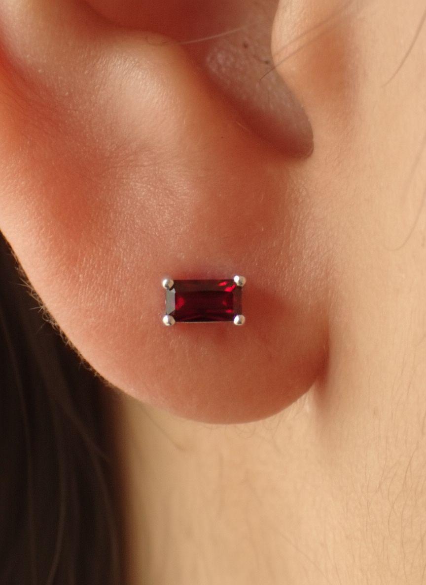 Garnet Pair Of Earrings Deep Red Birthday Gift For Her January Birthstone Jewelry Minimalist Emerald Cut Studs