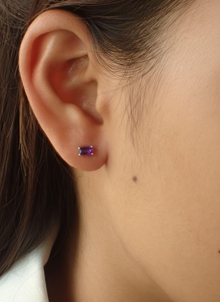 Amethyst Stud Earrings, February Birthstone Jewelry, Dainty Purple Gemstone Studs, Minimalist Birthday Gift for Her