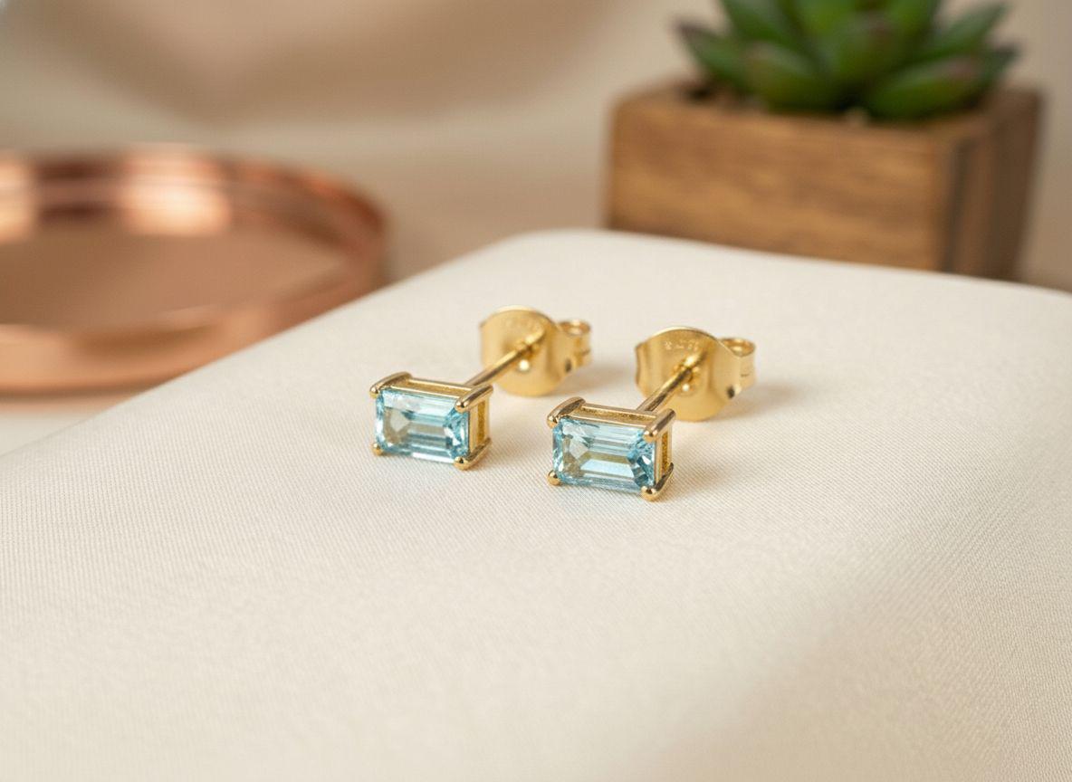 Aquamarine Stud Earrings March Birthstone Birthday Gift For Her Minimalist Light Blue Emerald Cut Jewelry